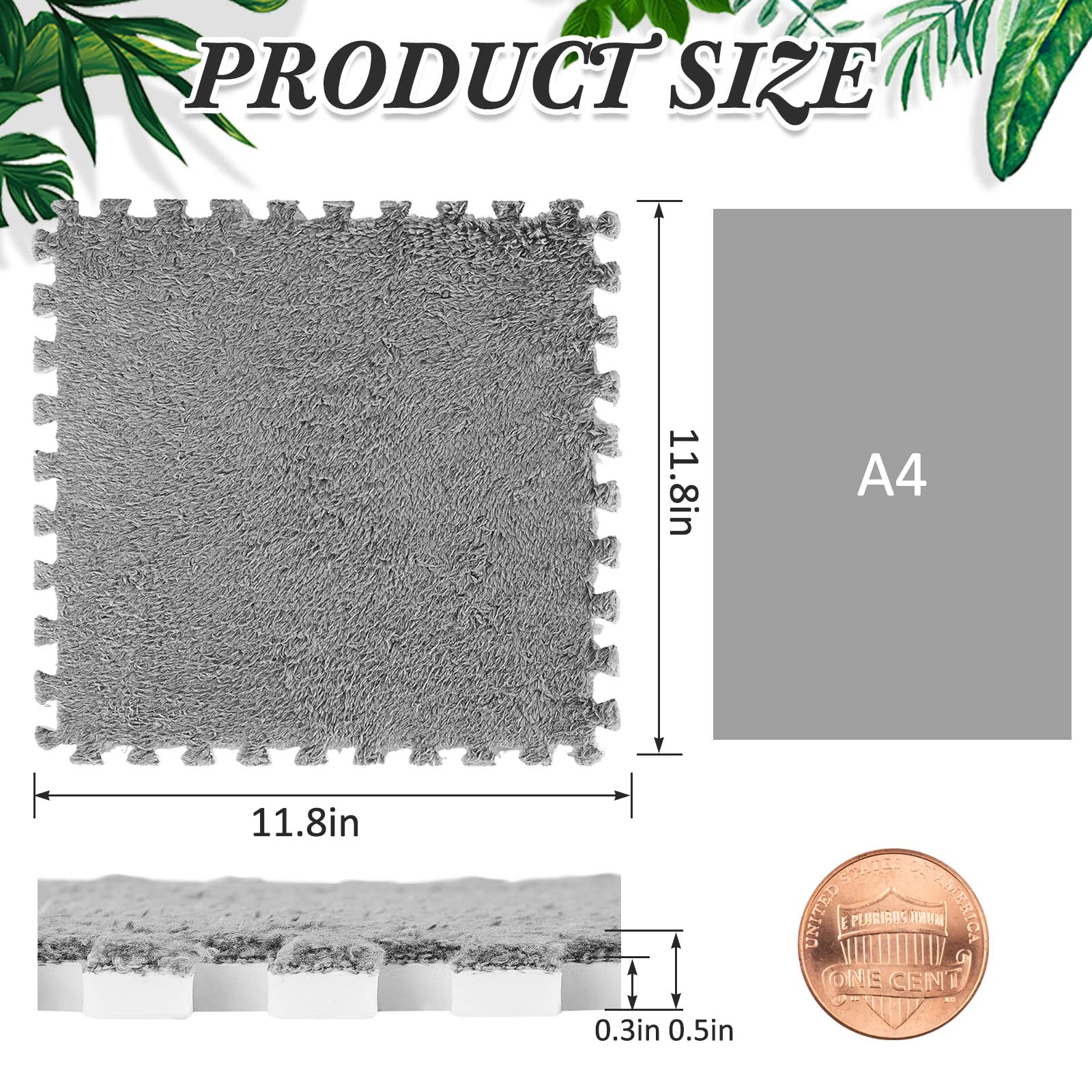 Nuanchu 50 Pcs Plush Foam Interlocking Floor Mat Climbing Area Rugs 11.81 x 11.81 Inch Square Soft Fluffy Tiles with Border Play Mat Flooring Tiles for Home Playroom Decoration (White, Gray)