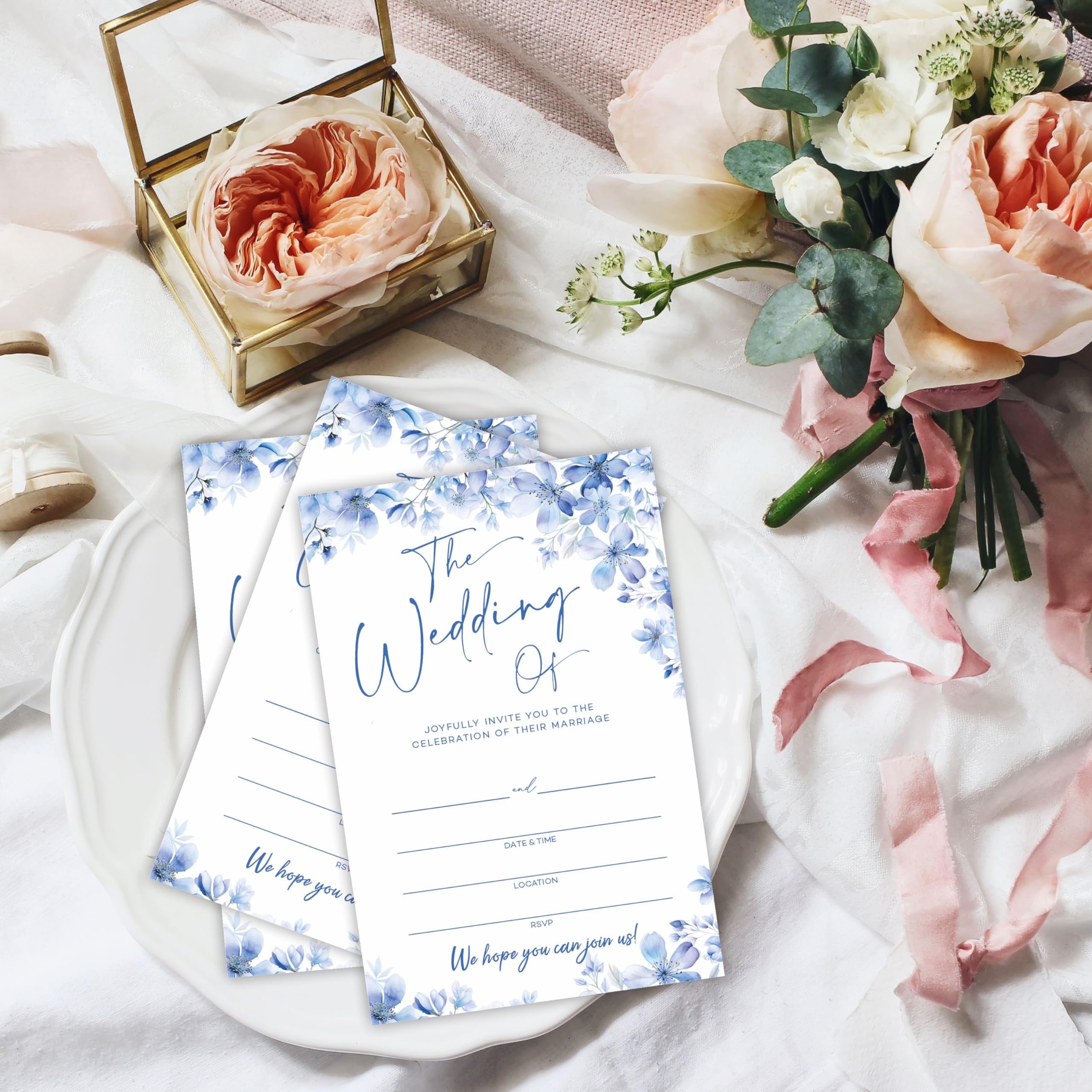 Inviti per matrimonio con motivo floreale blu, 25 biglietti di invito a nozze con buste, da riempire con stile inviti per sposi, Mr & Mrs, addio al nubilato, bomboniere e forniture – A01