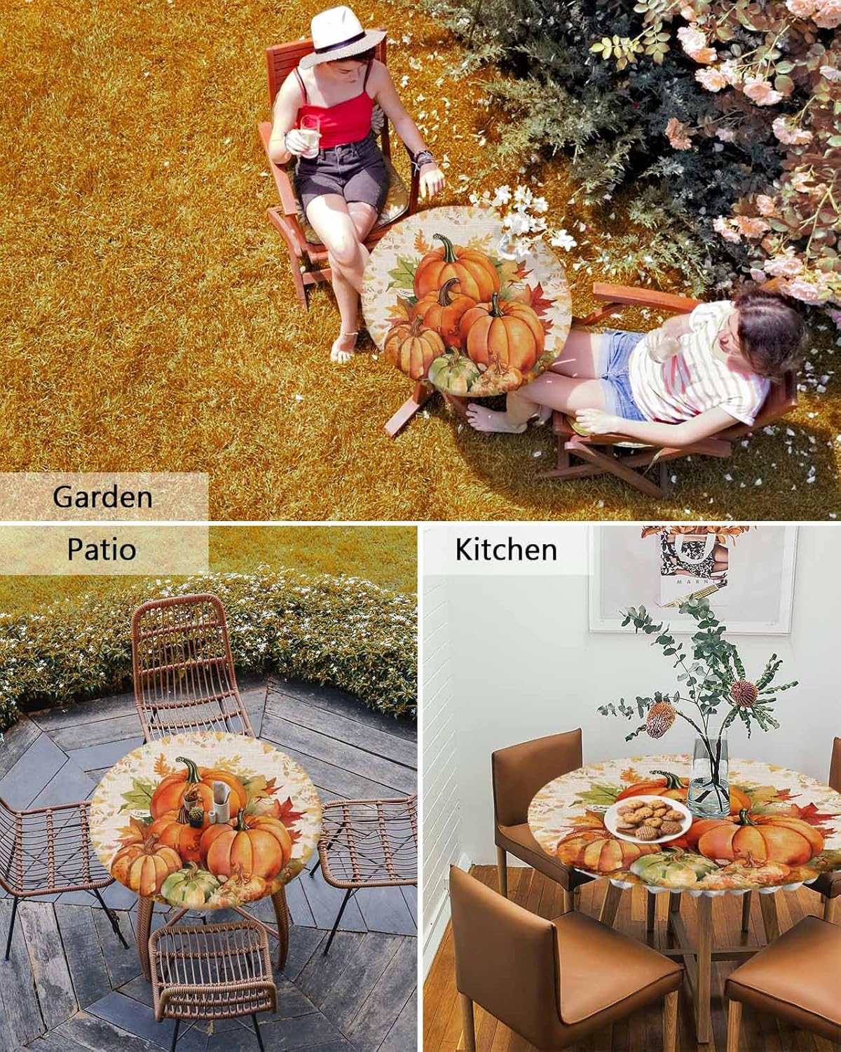 Fall Fitted Tablecloth for Round Table,Thanksgiving Pumpkin Waterproof Table Cloth with Elastic Edge,Maple Leaf Orange Watercolor Vintage Linen Round Table Cover for Party Holiday Kitchen 45-54in
