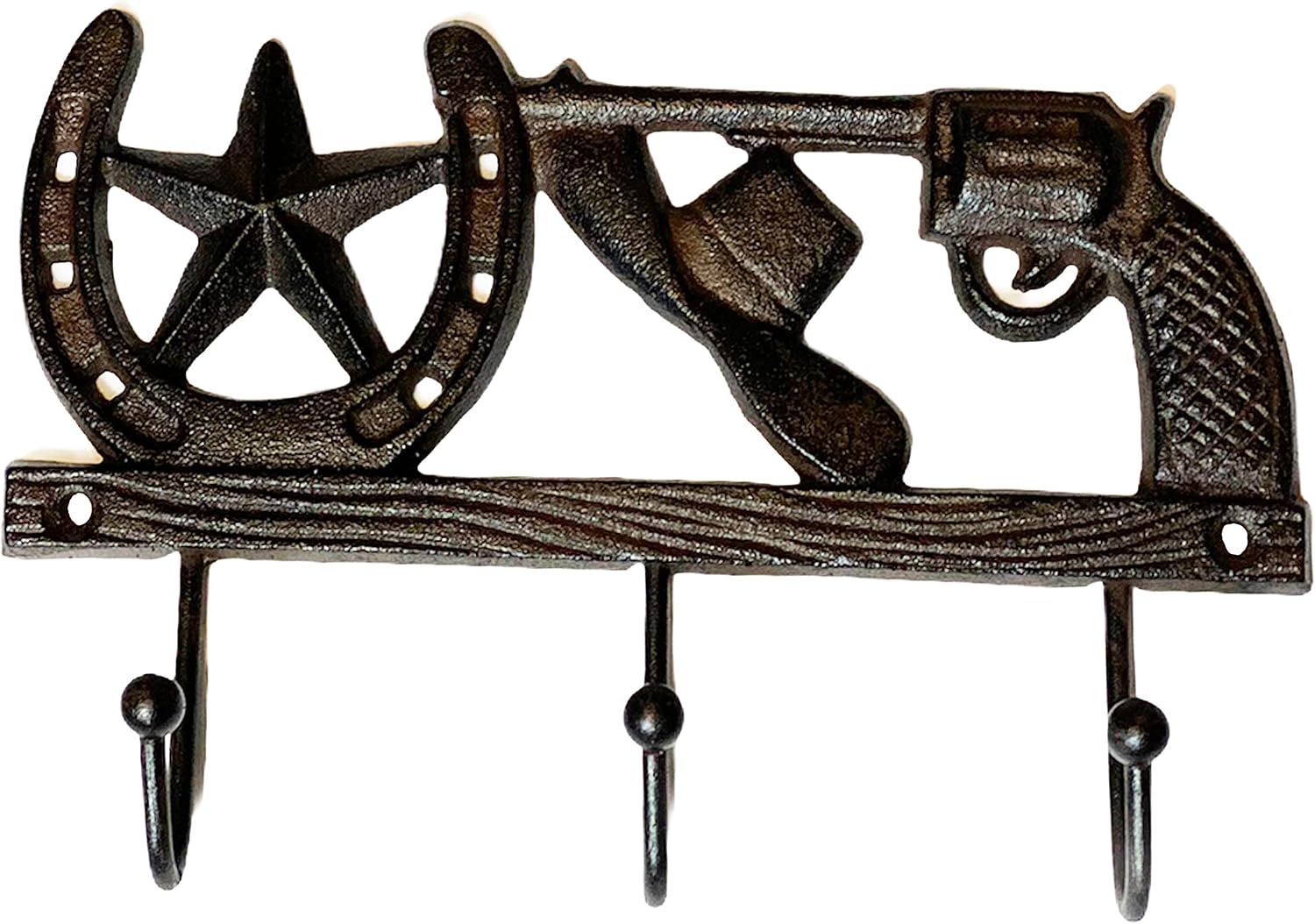 Urbalabs Western Cast Iron Rustic Country Wall Hooks Coat or Key Holder Wall Hook Mounted Decorative for Hats, Coats, Keys, Towels, Mudroom, Entryway, Mancave Bronze (Western 6 Shooter Star and Hat)