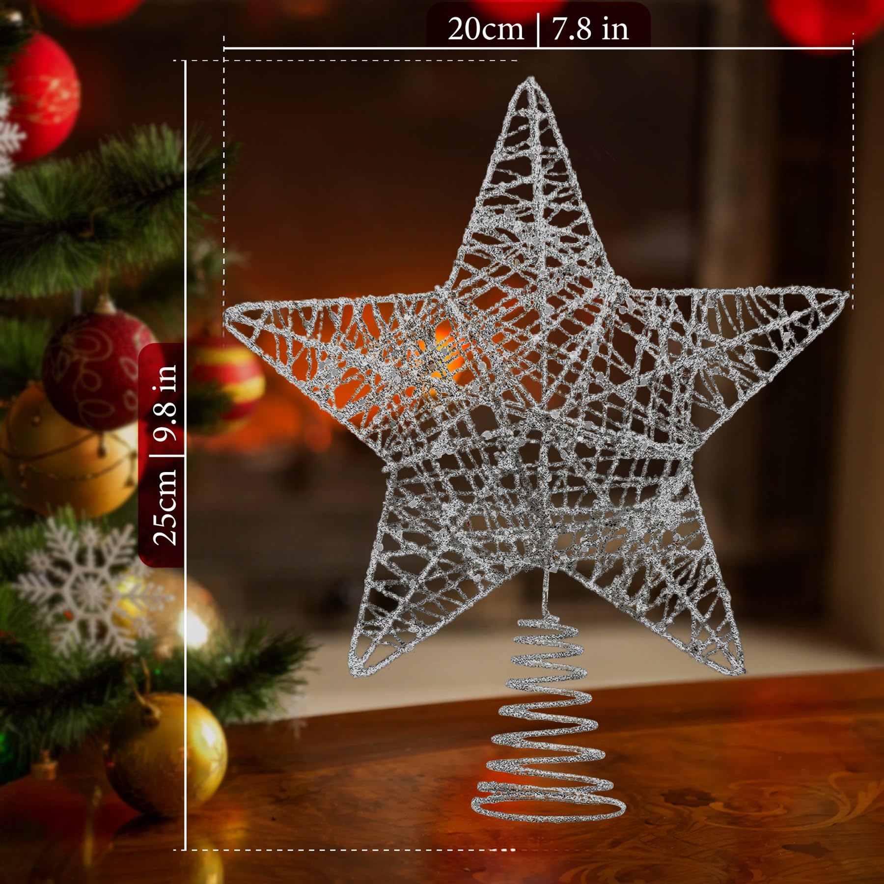 Silver Star Christmas Tree Topper Christmas Tree Glitter Star for Decorations Xmas Tree Decs, 25cm - Image 3