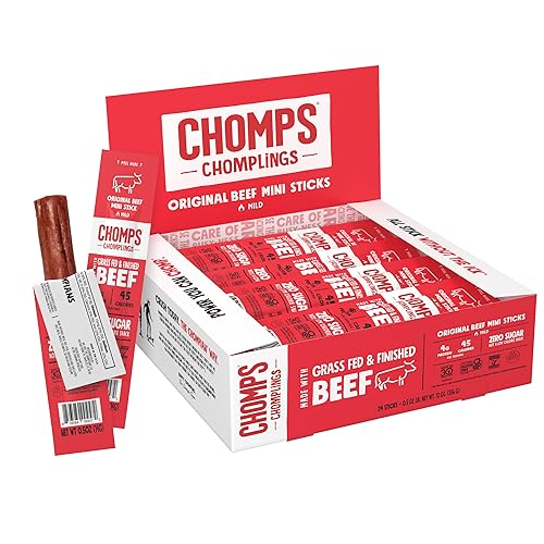 Chomps Snack Size Grass-Fed Original Beef Jerky Snack Sticks 0.5oz 24-Pack - Keto, Paleo, Whole30, 4g Lean Meat Protein, Gluten-Free, Zero Sugar Food, Non-GMO Chomplings - Original Beef