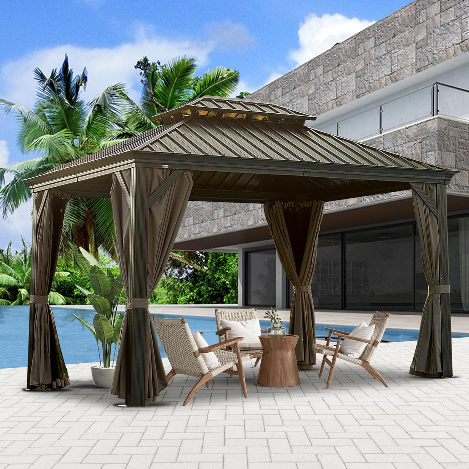 Domi 10x12 Outdoor Gazebo, Hardtop Gazebo with Aluminum Frame, Heavy Duty Pavilion Gazebo for Patio Deck Backyard, Curtain and Netting Included, Dark Brown