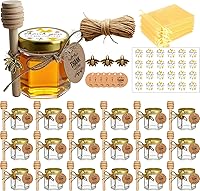 Vista 10 de Adabocute Mini tarros de miel – Tarro hexagonal de miel de vidrio con tapas doradas, cubos de madera, abalorios de abeja y yutes – Pequeños tarros