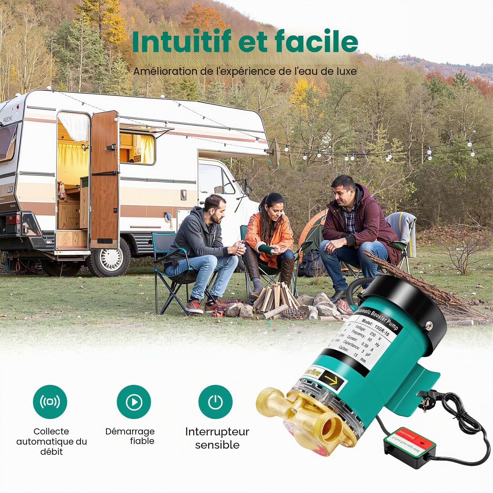 Pompe Pression Eau, Surpresseur Maison 90W, Booster Automatique 220V, Corps Laiton, Pressurisation Instantanée, Douche, Chauffe-Eau, Piscine, Silencieuse IP46, Détection Débit, 20L/min, 10m