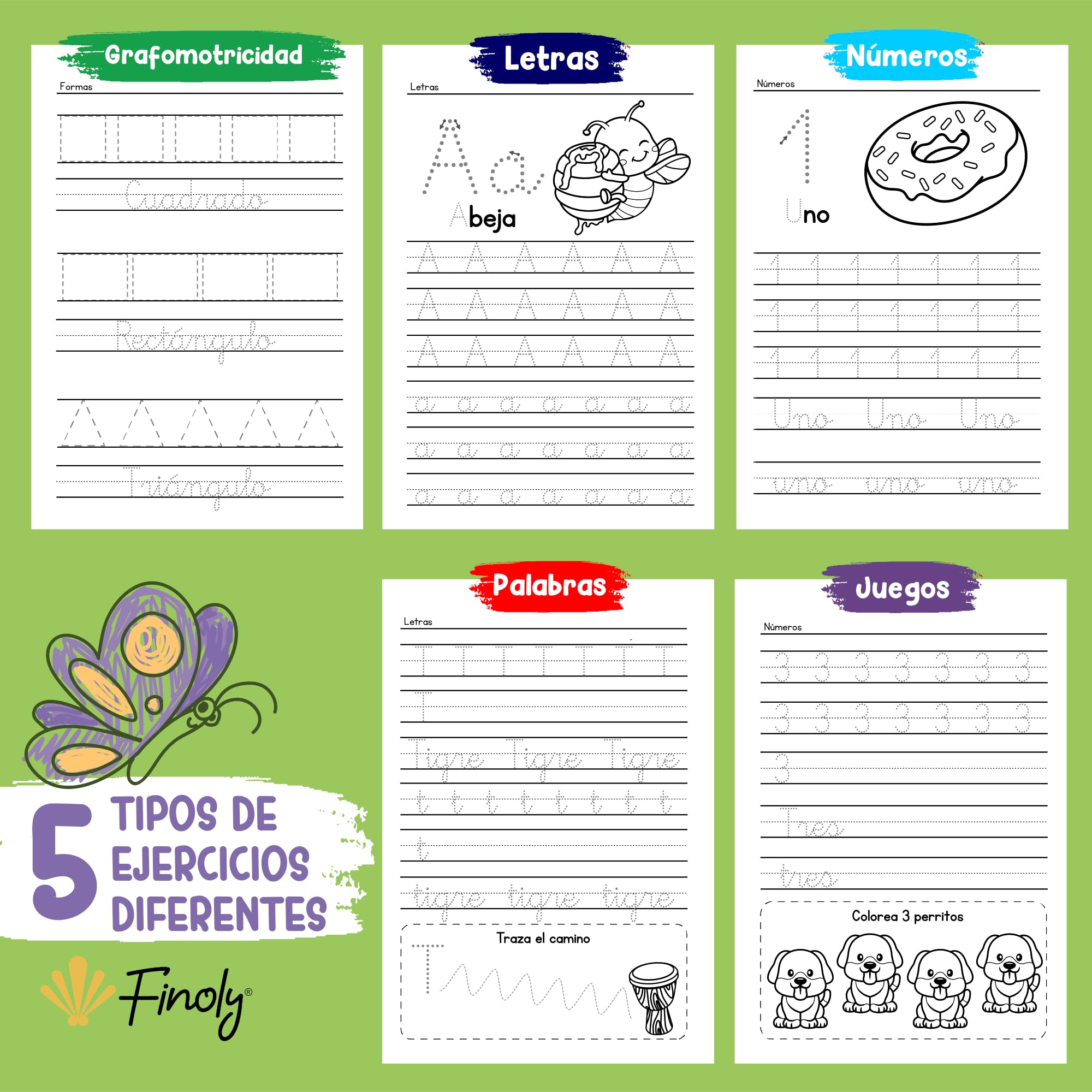 Finoly Cuaderno Aprender a Escribir Letras y Números Pauta Montessori | Niños 3 a 6 años Libro Caligrafía Preescritura Lectoescritura Actividades y Ejercicios: Letras Números Palabras Grafomotricidad