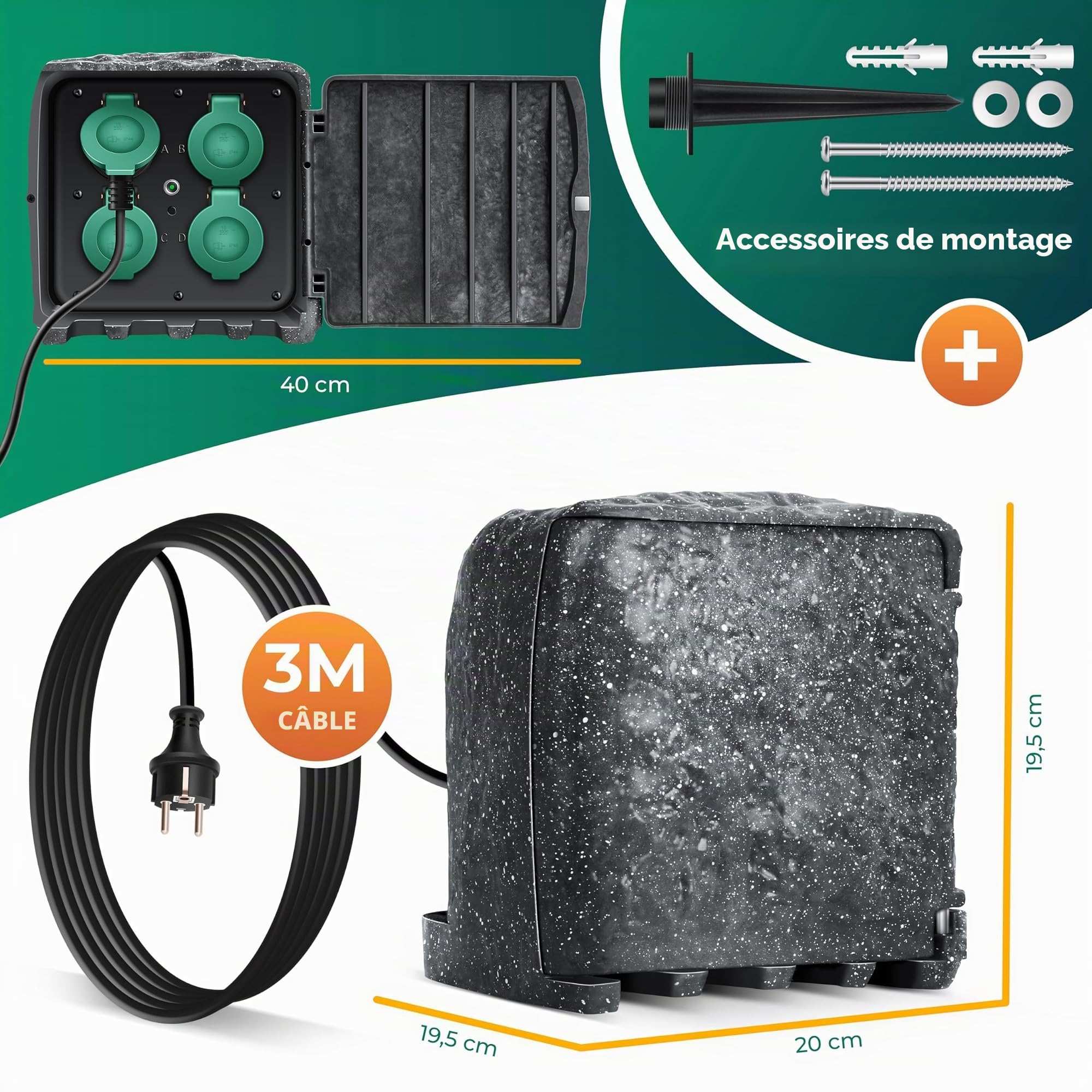 KESSER® Prise de jardin aspect pierre 4 prises - Prise extérieure étanche IP44 - Prise multiple pour extérieur jardin terrasse avec capteur crépusculaire - Câble de 3 m - 3680 W - 16 A + kit de