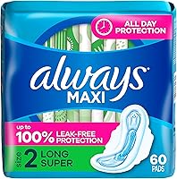 Always Maxi Pads with Wings Size 2 Long Super Absorbency Unscented 60 Ct - 50% More Absorption Leak-Free Protection