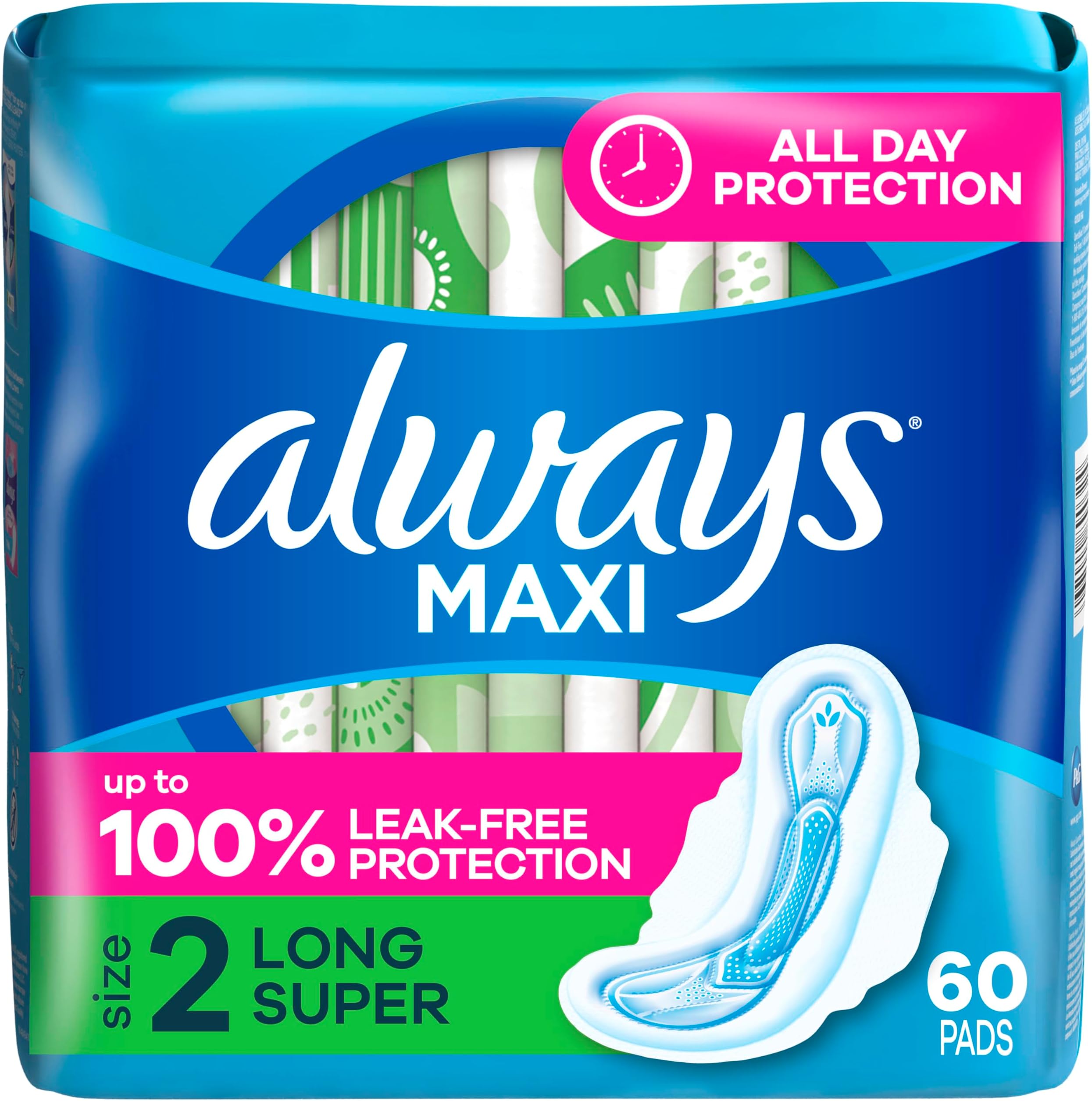 Always Maxi Size 2 Long Pads with Wings, Super Absorbency, Unscented, 60 Count,Packaging May Vary