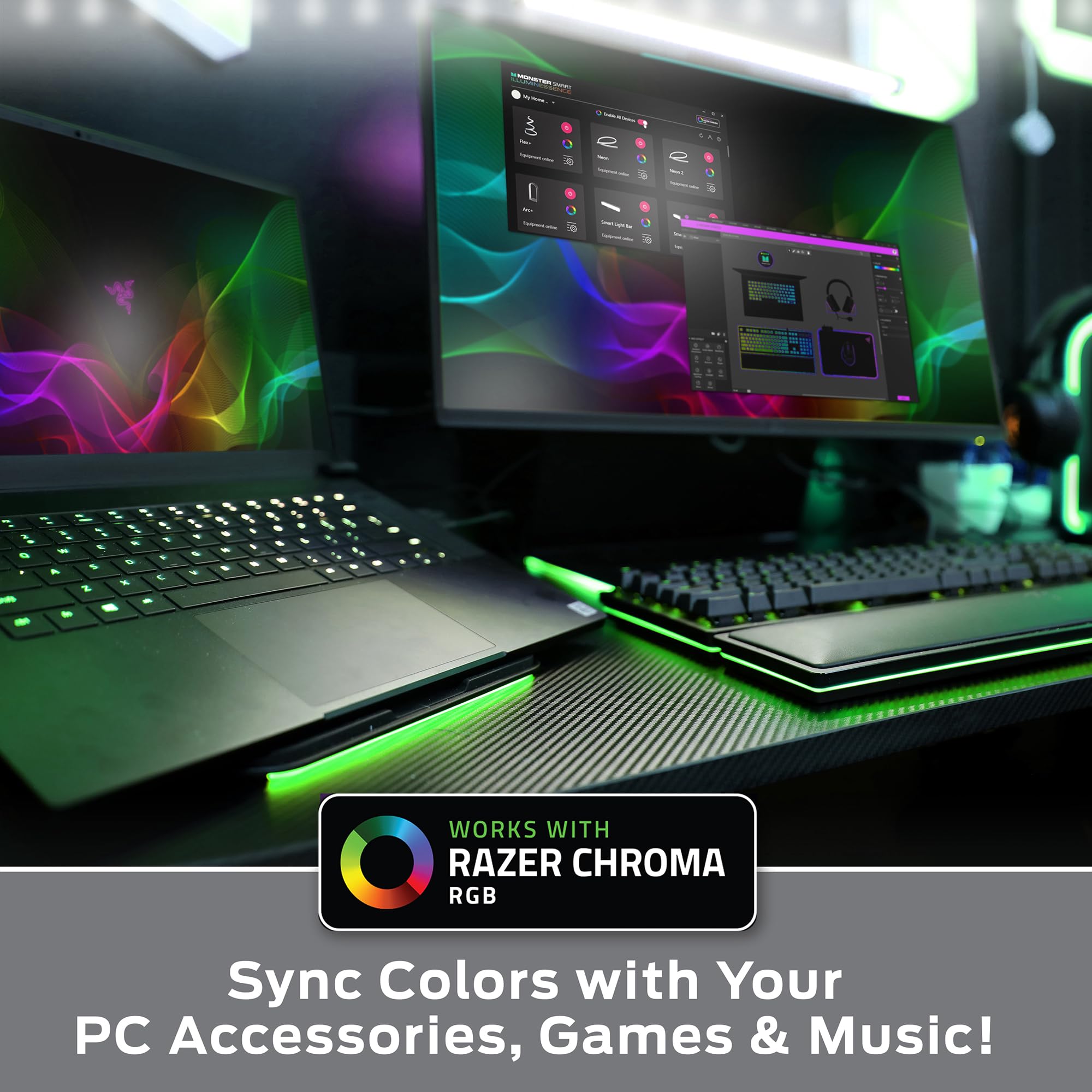 Monster Smart RGB+IC LED-Streifen: Soundreaktive Lichtstreifen für Schlafzimmer, App und Sprachsteuerung, RGB-Lichtstreifen für Zimmer, Alexa Google Home, Razer Chroma Sync, 30 m