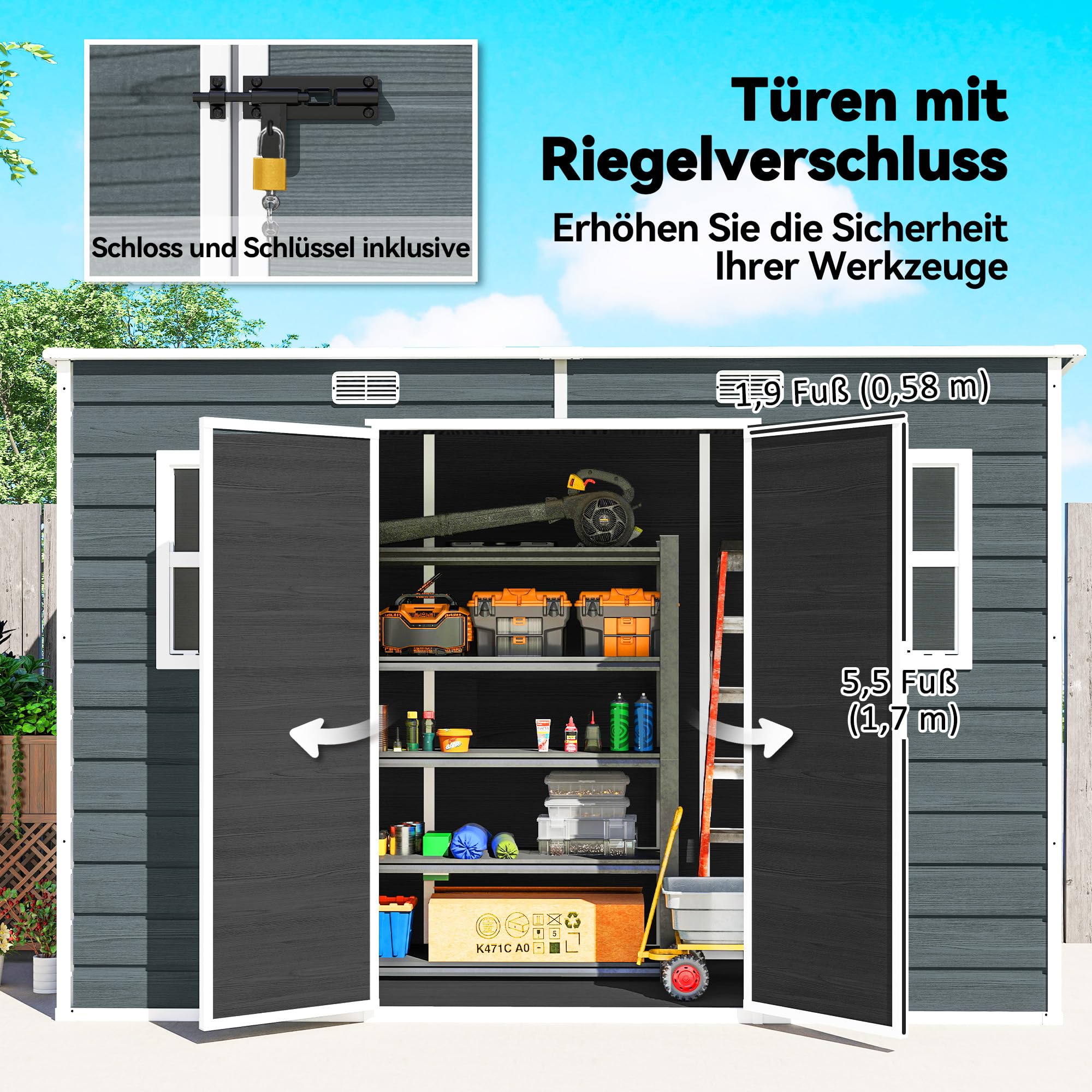 Outsunny Gerätehaus 3,2m², Geräteschuppen mit Pultdach, 303x123x197cm, Kunststoff Gartenschuppen mit Fenster Doppeltür Schloss Belüftungsöffnung Boden Holzoptik, Gartenhaus für Werkzeuge Grau