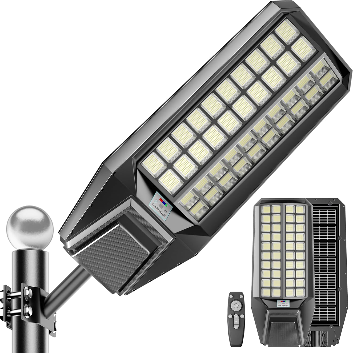 loyoele Utral-Large Solar Street Light?Solar Flood Lights Outdoor,Waterproof Motion Sensor LED Lights,Dusk to Dawn Lights with Remote, Solar-Powered Parking Lot Light,Commercial Area Lighting Black 1-Pack