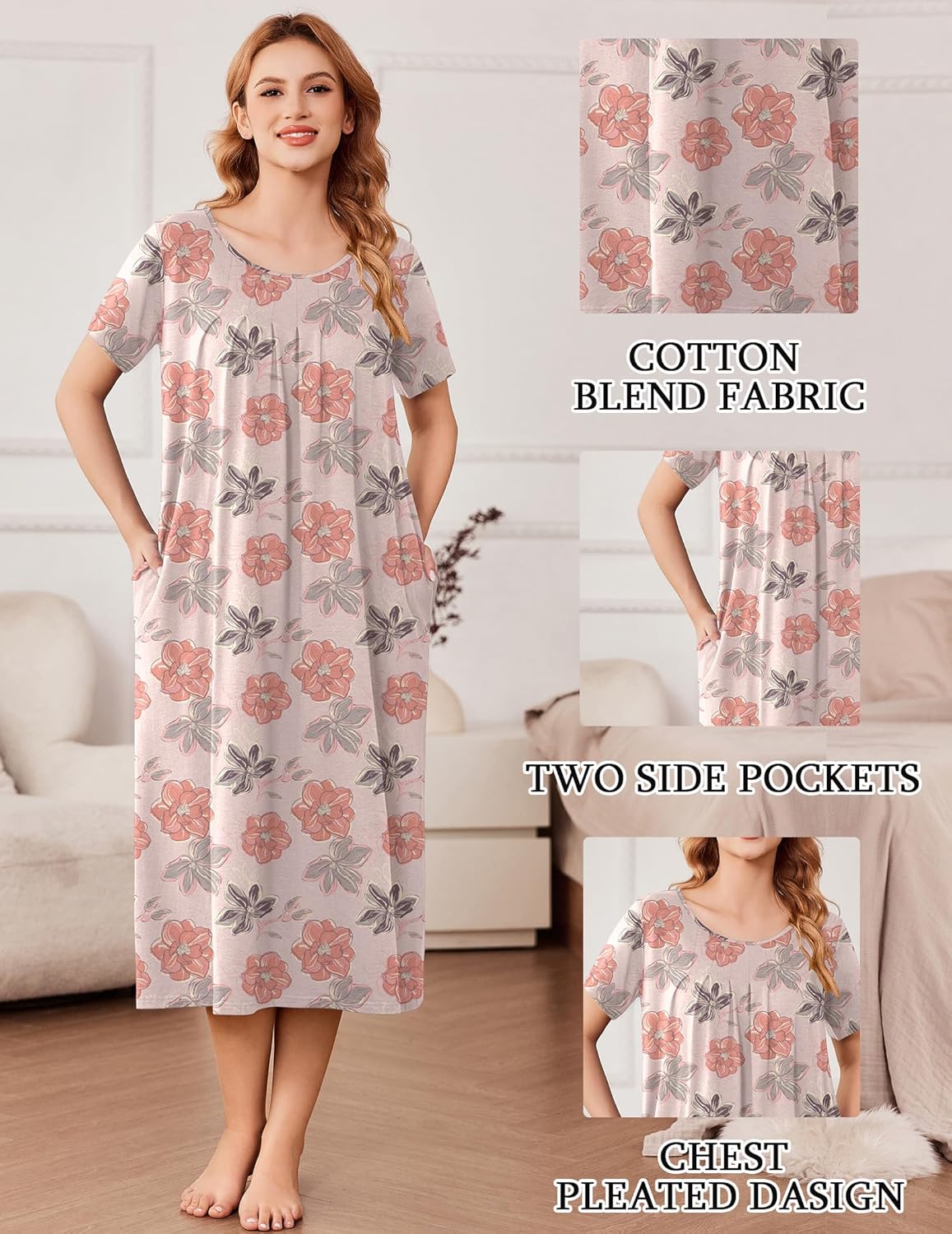 Ekouaer Cotton Nightgowns for Women Long House Dresses with Pockets Plus Size Night Gowns Short Sleeve Night Shirts S-3XL - Image 2