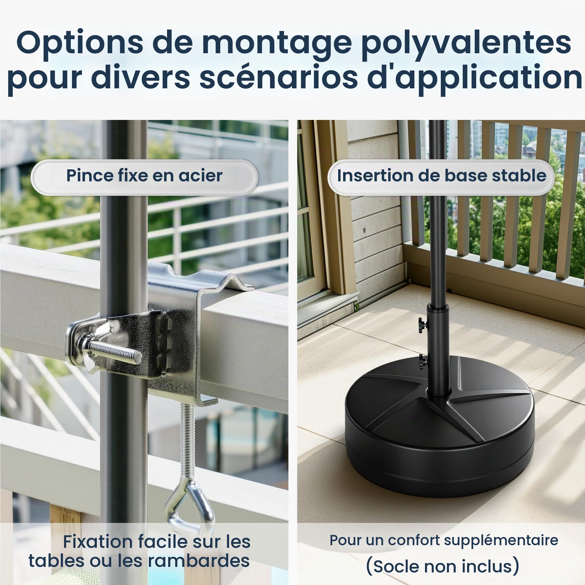 PHI VILLA Parasol de balcon rotatif à 360 ° - 180 x 130 cm - Avec housse et pince - En aluminium - Réglable en hauteur - Résistant au vent - Stable à emporter - Protection UV50+ - Pour balcon