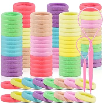 IKOCO 150PCS Small Hair Ties for Little Girls, Cotton, 8 Candy Colors | Seamless & Ouchless, No Hair Damage, For Fine Hair, Includes 2 Topsy Tail Tools, For Baby, Kid & Toddler