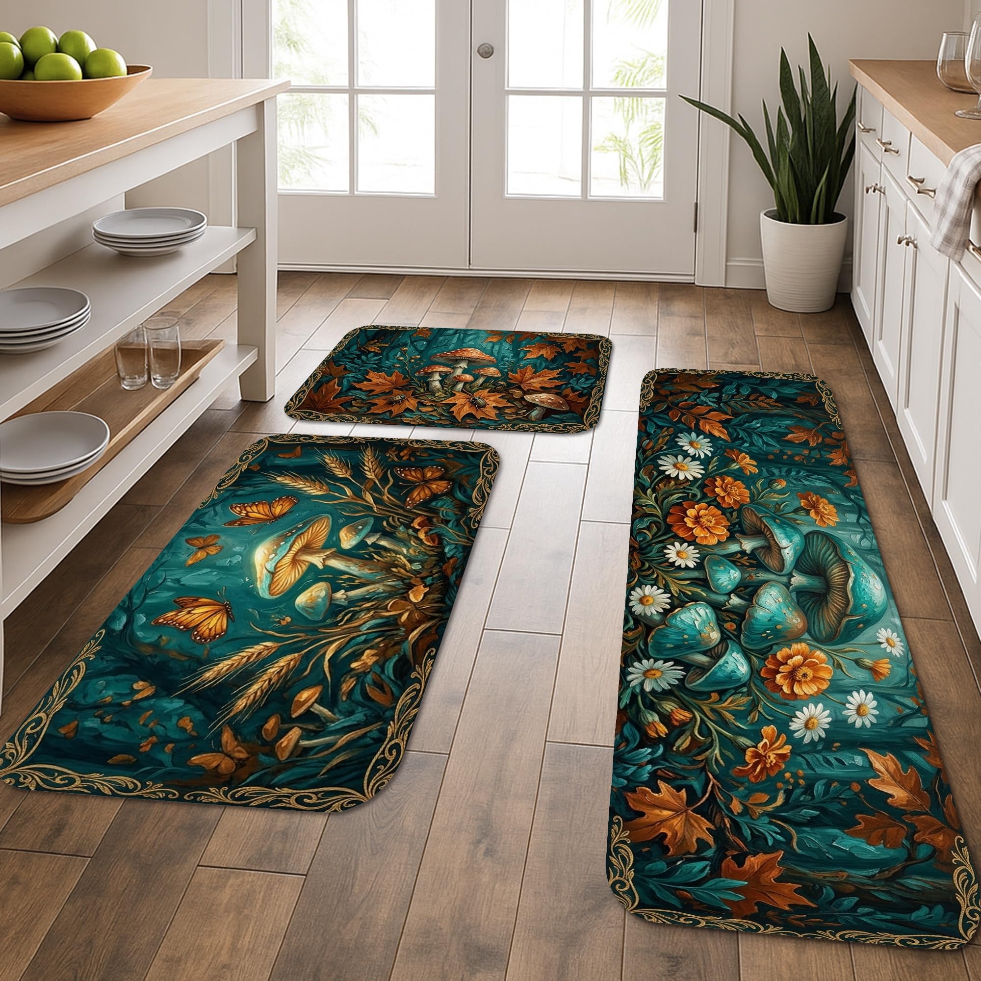 Tapis de cuisine bleu sarcelle botanique doux lavable lot de 3