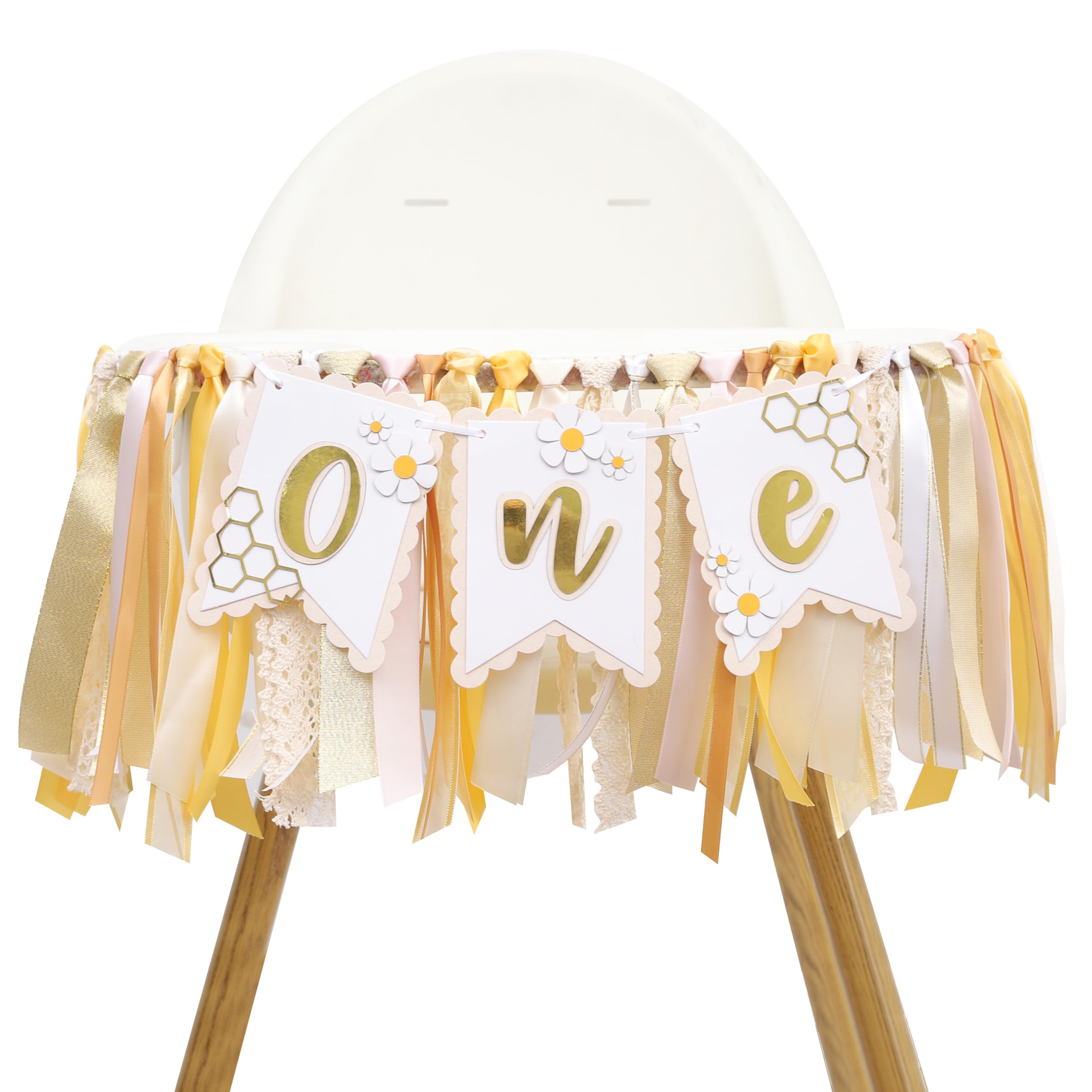 Bee One High Chair Banner Yellow - Bee for 1st Birthday Highchair Banner, Beehive Theme Birthday Party Supplies, Sweet One Party Decorations, Daisy First Photo Props (Beehive Garland Yellow)