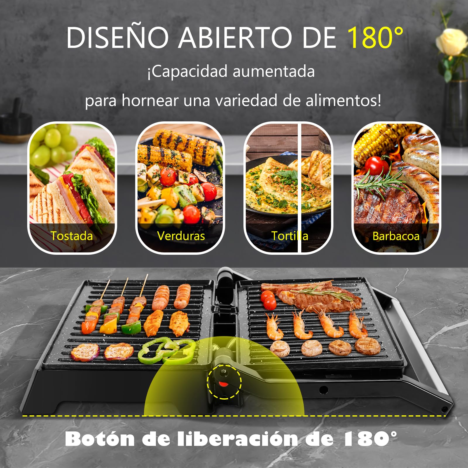 Aigostar Parrilla Eléctrica 1500W | Placas con Revestimiento 27x17 cm | Apertura 180° | Placa Flotante | Libre de PFAS y BPA | Sandwichera Grill | Hett Pro