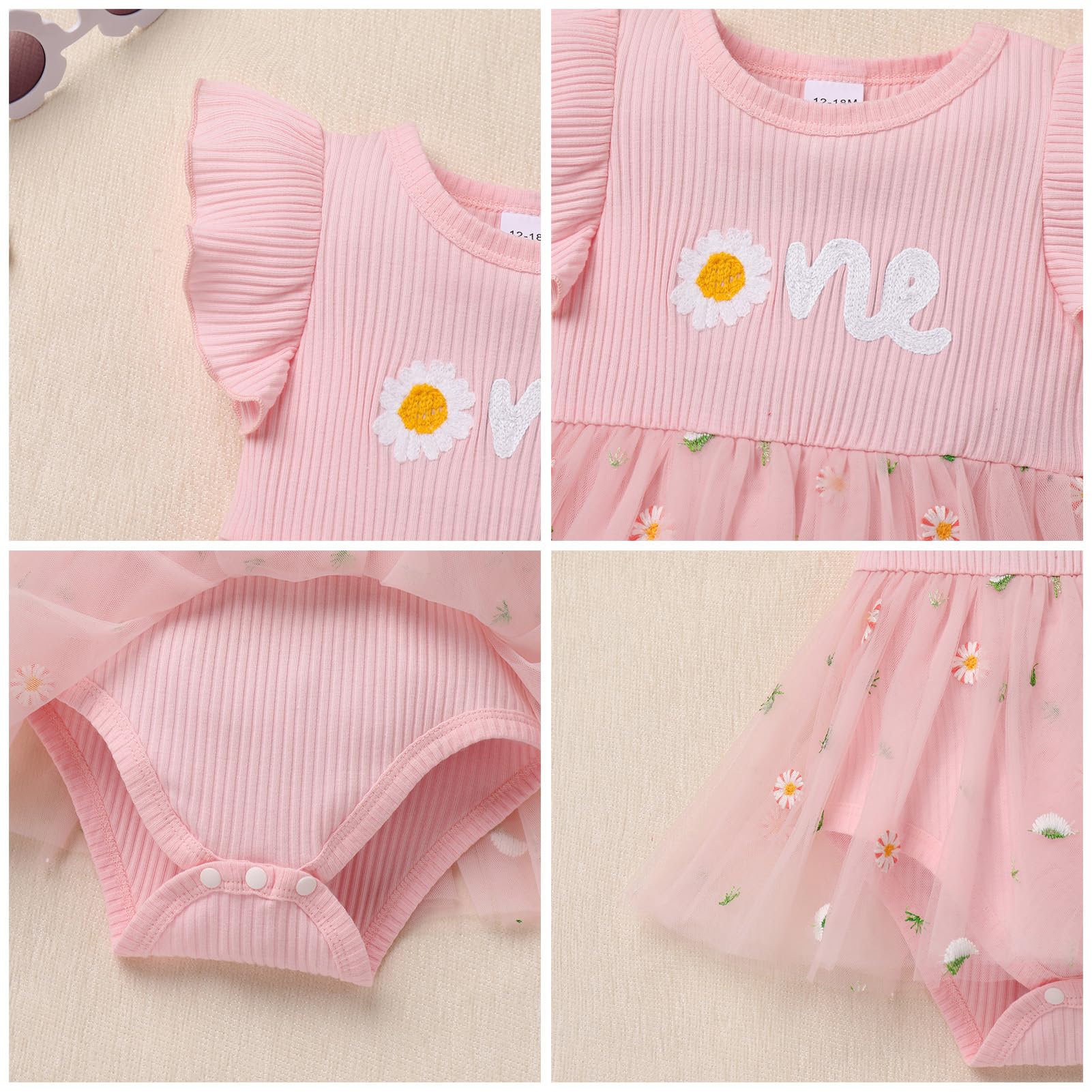 Odizli Vestito per bambine per il primo compleanno, con maniche svolazzanti, in maglia a costine, con tulle ricamato + fascia per capelli per servizio fotografico