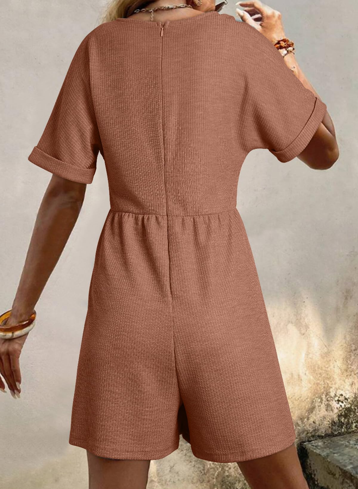 AlvaQ Rompers for Women Solid Color Casual Short Sleeve V Neck Zipper Short Jumpsuits with Pockets: X-Large Dark Khaki