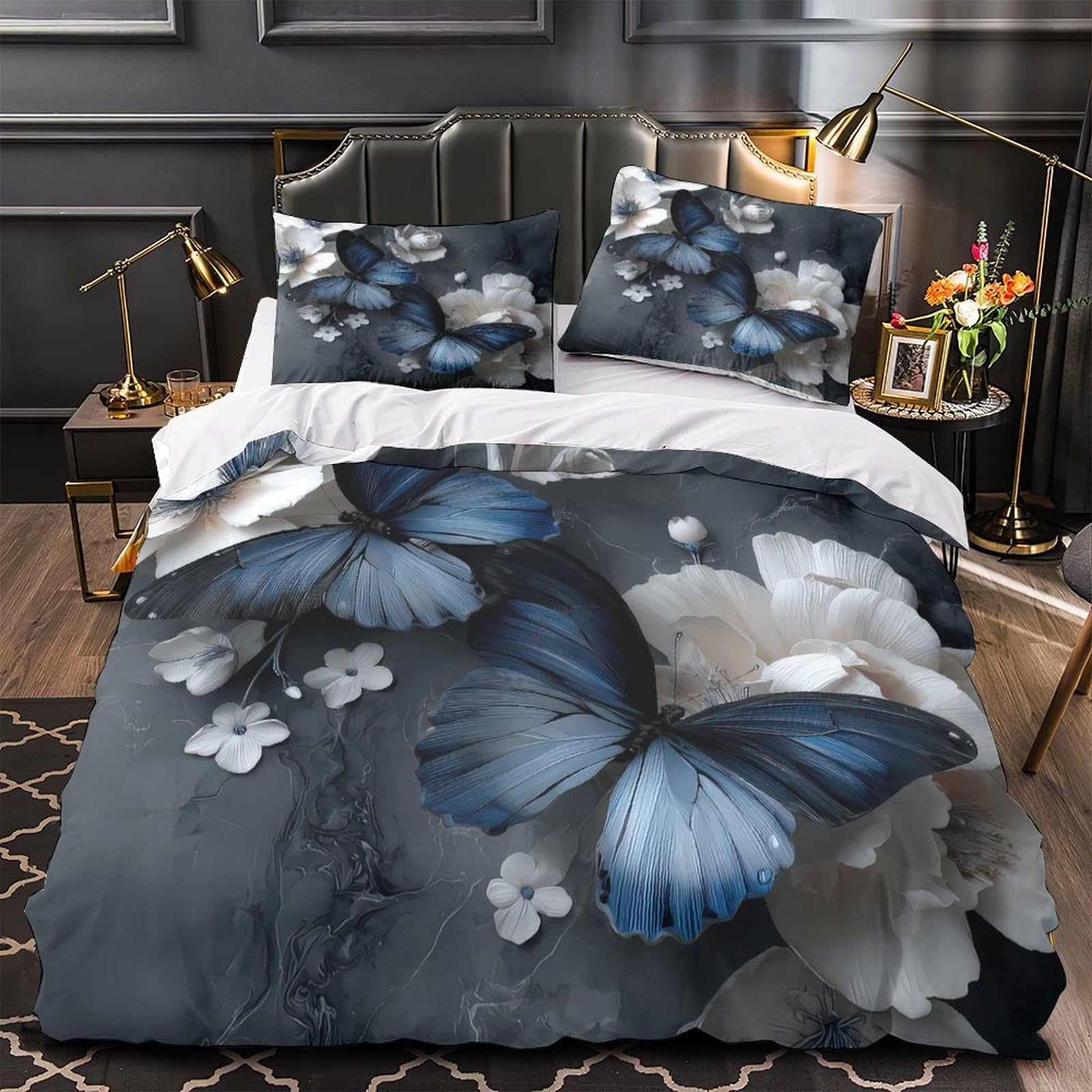 Housse de couette papillon bleu 135x200 anti-plis et facile à laver