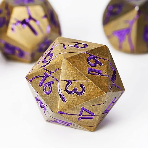 Miniatura 2 de DND - Dados de metal - Dados de metal dorado con grietas moradas - Juego de dados poliédricos para RPG D&D MTG Pathfinder y más - Juego de dados