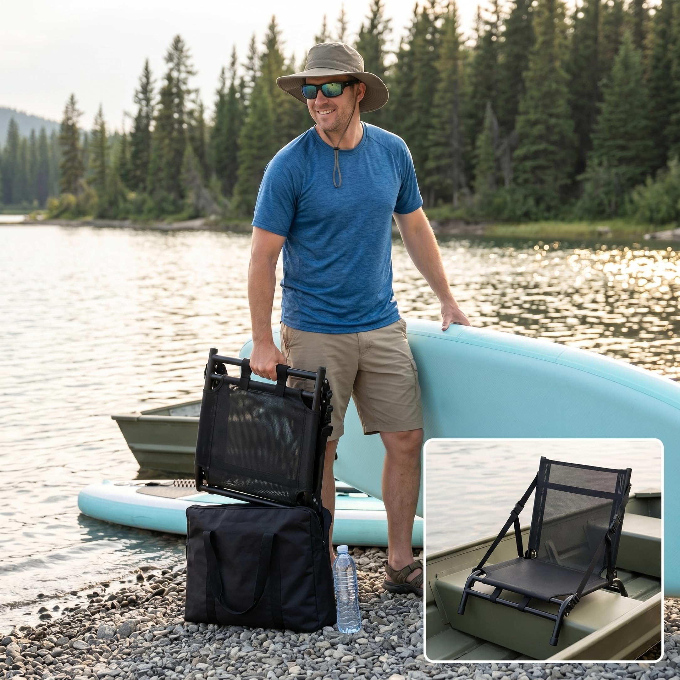 Klappbarer Kajaksitz mit Rückenstütze, tragbarer Paddle-Board-Sitz mit Aluminiumrahmen und Netz, passend für Fischerboote und Driftboote, Schwarz