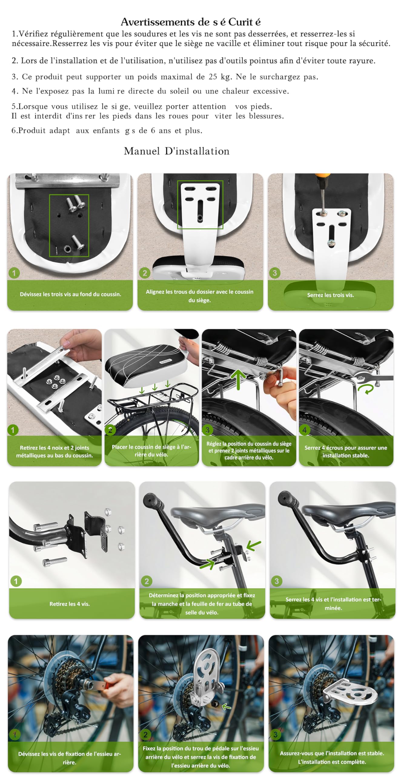 Auvstar Ensemble d'accessoires de siège arrière de vélo pour enfants avec coussin, accoudoir et repose-pieds