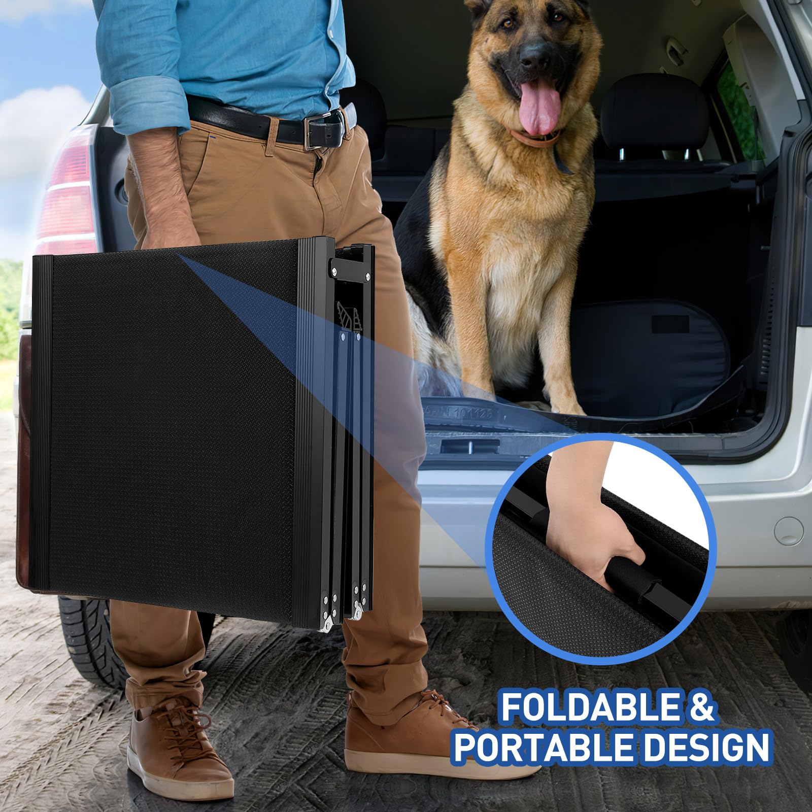 Hunderampe, 180 x 50cm Hunderampe Auto Klappbar, rutschfest Hunderampen für Autos, LKWs und SUV, bis 110 kg, Rampe Hund für Große und ältere Hunde, Aluminiumrahmen, Extra Lang