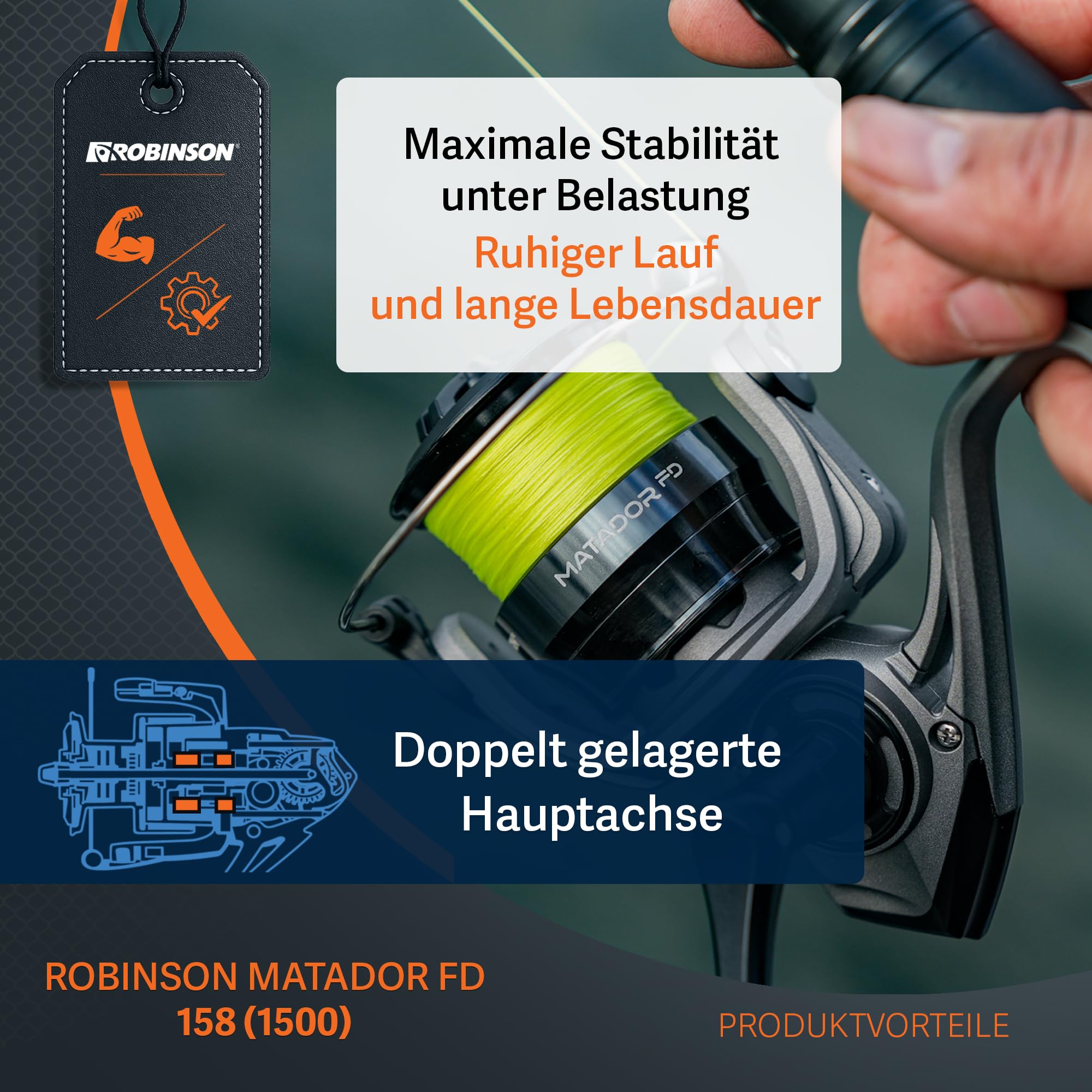 Robinson Angelrolle - Spinnrolle mit Präzisem Slow Oscillation System - Doppelt gelagerte Hauptwelle - 8 Lager - Duraluminium Spule - Leichtbau Graphitgehäuse - Matador