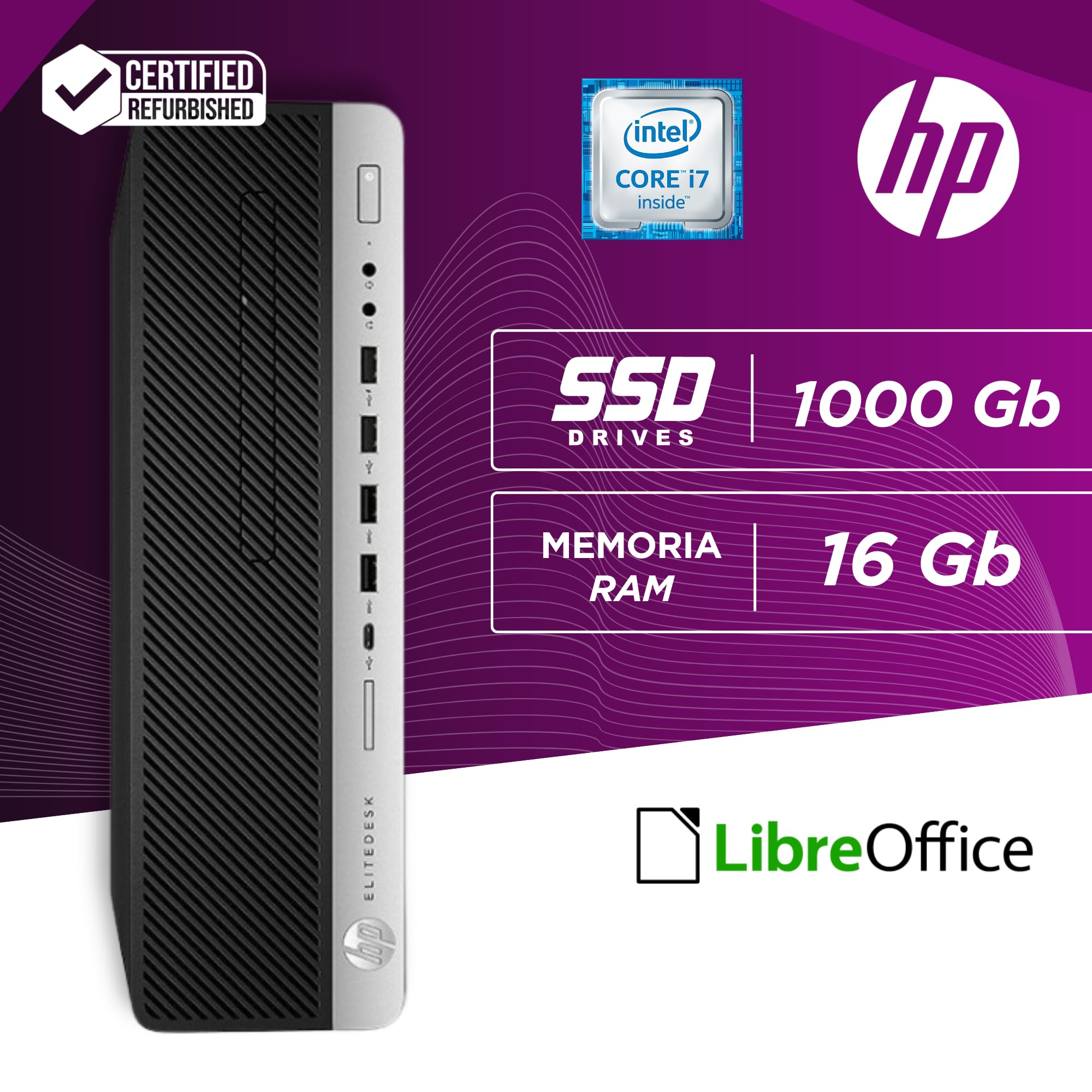HP Elitedesk - Pc Desktop SFF Pronto All'Uso - Computer Pc Fisso Intel i7-6700 3.40 GHz - Ram 16Gb, SSD 1000Gb -Disp. Port, Wi-FI, Libre Office (Ricondizionato)