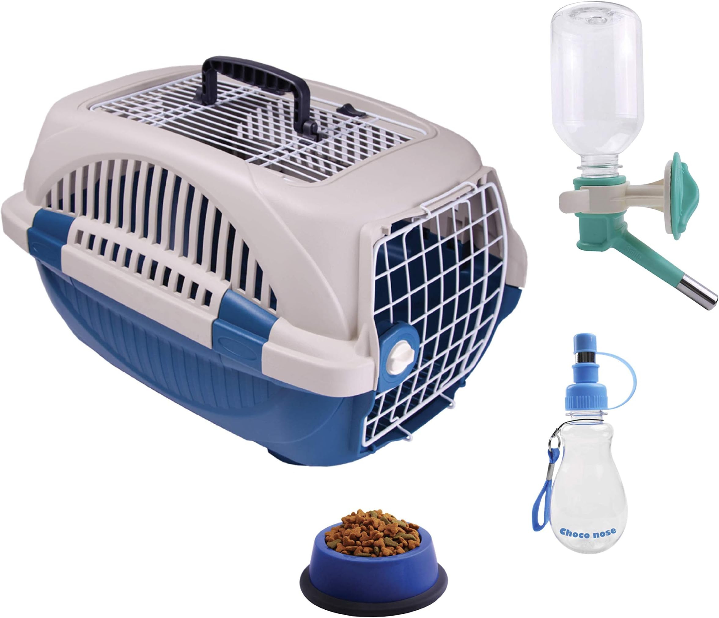Choco Nose Travel Kennel Set - Durable Top Load Pet Carrier/Crate for Animals Under 12 Lb, Small Dogs/Puppy/Cat/Rabbit- Includes Pattened No Drip Water Bottle, Portable Water Bottle + Food Bowl, Blue