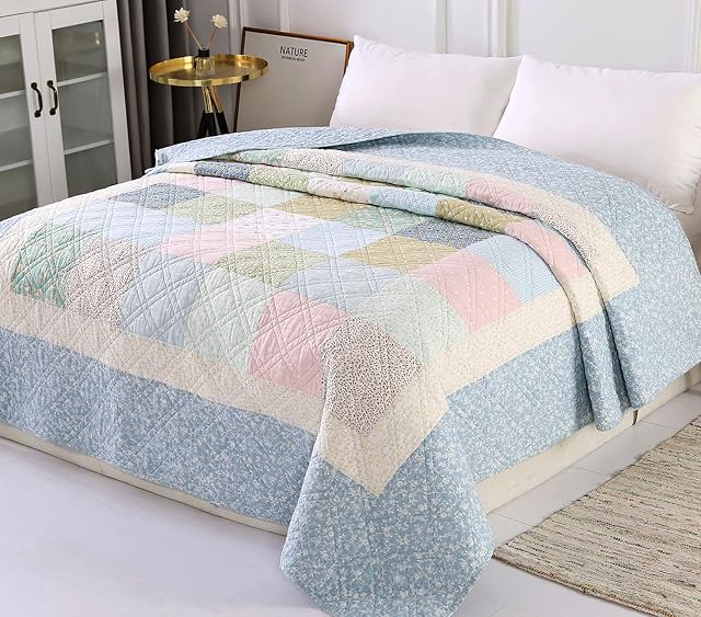 VIVILINEN Quilted Throw Blanket 100% Cotton Patchwork Bedspread Soft Lightweight Quilt for Couch Sofa Bed Throw Single (Blue, 150x200cm)