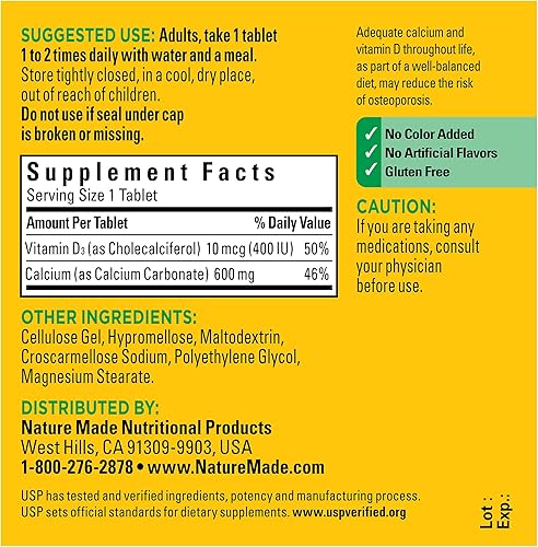 Miniatura 5 de Nature Made Calcio 600 mg con Vitamina D3, Suplemento Dietético para Apoyo Óseo, 60 Tabletas