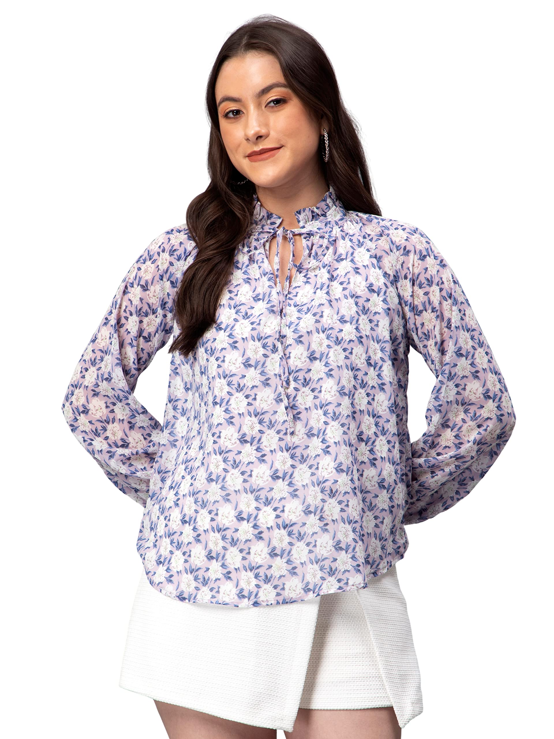 White and Purple Floral Printed Latest Stylish Top | Regular Fit Top | Full Sleeve Top for Women-image-47