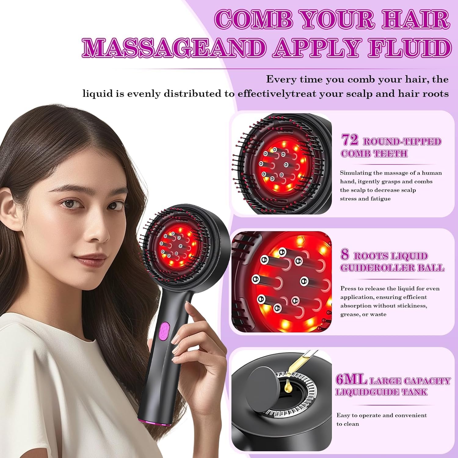 Hairbloom Brosse Capillaire 3-en-1 Avec Thérapie À Lumière Rouge Peigne Électrique - Peigne De Massage Electrique, Étanchéité IPX7 Avec 3 Modes Pour La Croissance Des Cheveux (Rouge)