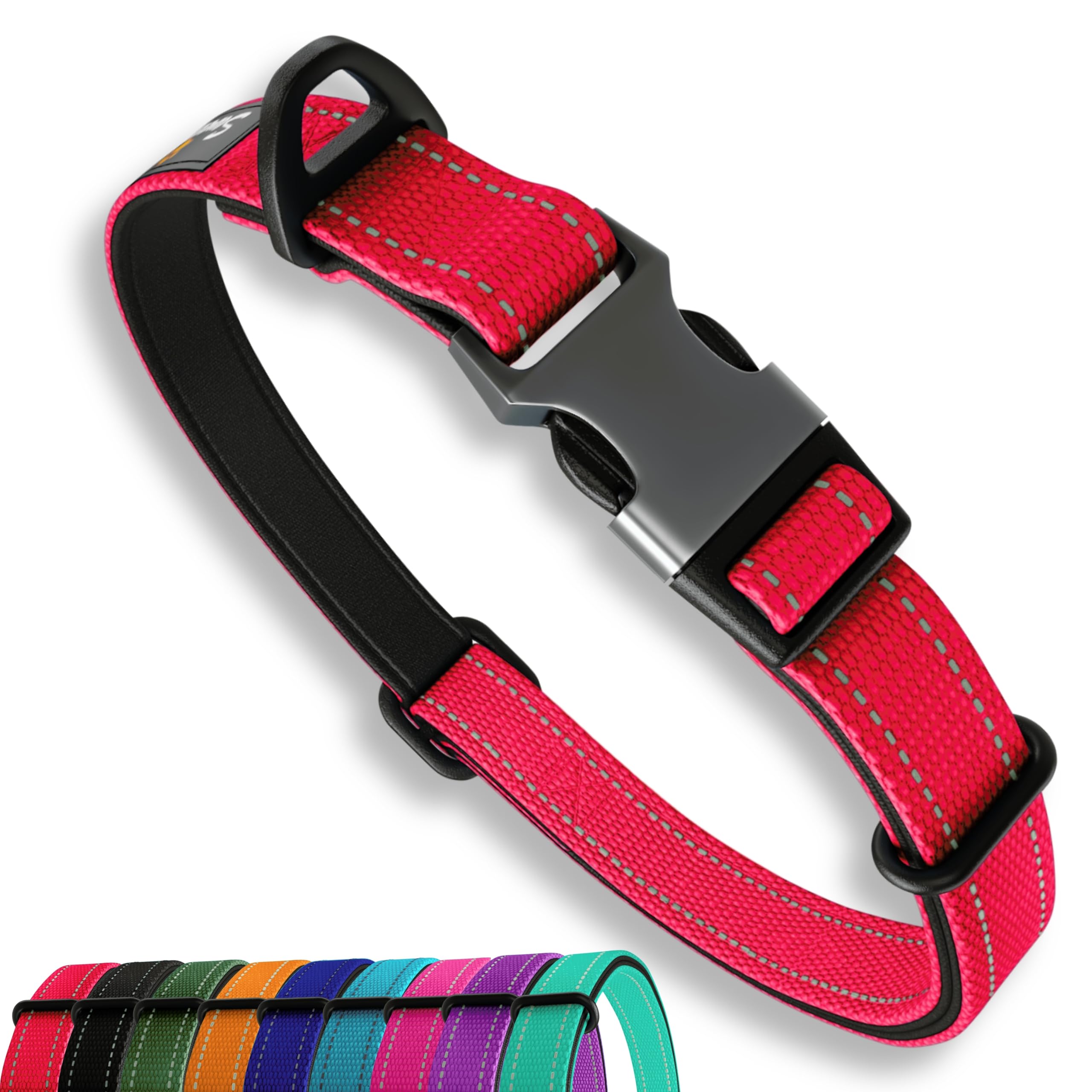 Strong Dog Collar Small Dogs – Red Reflective Adjustable Padded Dogs Collars - Aluminium V-ring Dog Safety