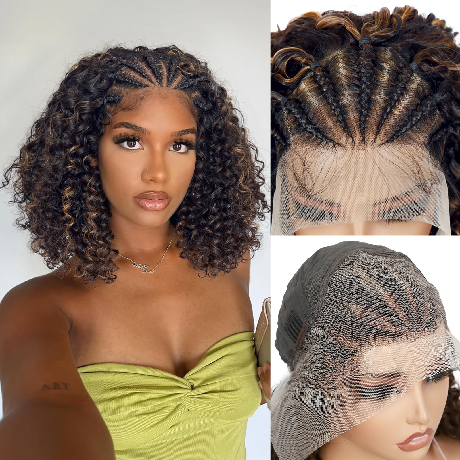 WIGER Braided Wigs for Black Women Glueless Knotless Box Braids Hair Wig with Baby Hair Highlighted Blonde Curly Bob Full Lace Frontal Wig 13X4