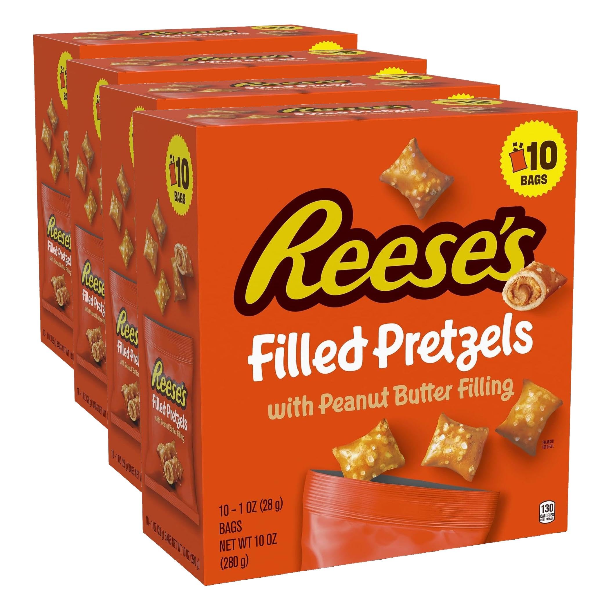 Reese's Filled Pretzels, Peanut Butter Pretzel Nuggets, Crunchy, Ready to Eat, Sweet and Salty Snack, Bags (10 Count), 10 Ounce (Pack of 4)