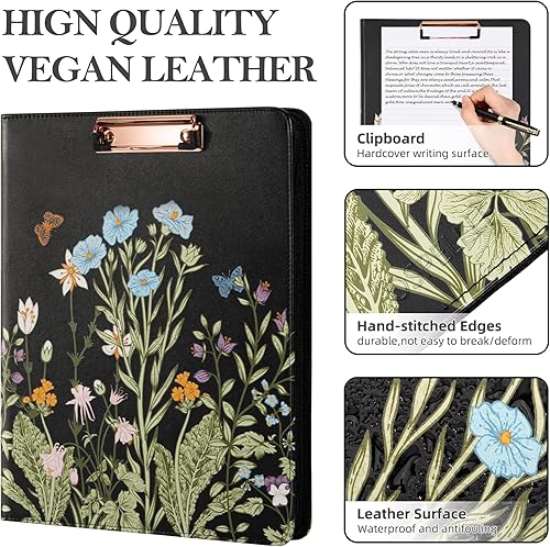 Miniatura 5 de Ospelelf Carpeta de cuero con cremallera, carpeta de 3 anillos con clipbard, calculadora, funda para tablet de 12.1 pulgadas, 5 divisores con 10