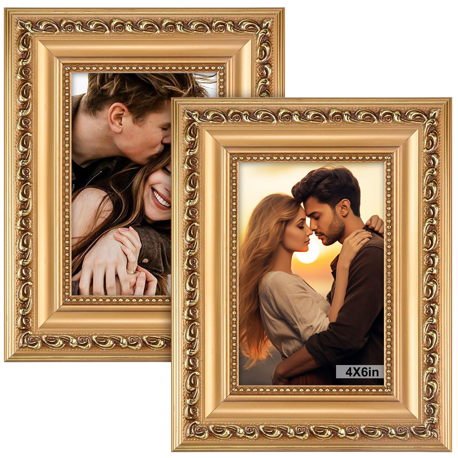 6x4 Picture Frames - 2PCS 4x6 Vintage Picture Frames Stand Free-standing Horizontally & Vertically Vintage Photo Frames for Home Office Living Room Décor (Gold)