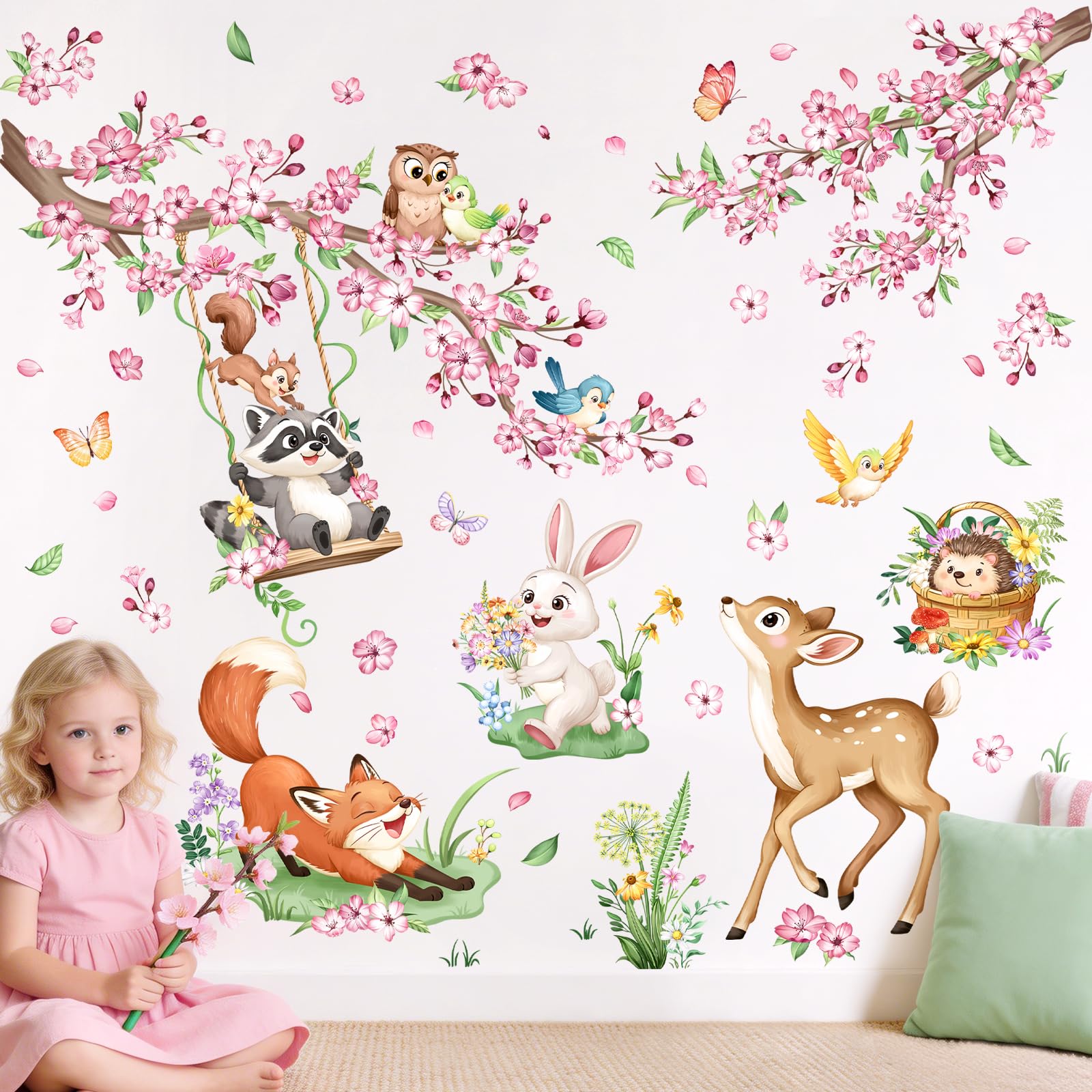 Tanlaby Woodland Animal Wall Decals Cherry Blossom Flower Branch Deer Fox Wall Stickers for Girls Room Bedroom Baby Nursery Kids Living Room Home Decor