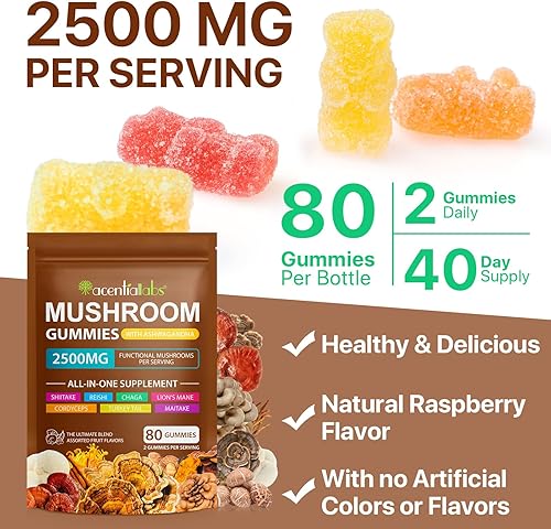 Miniatura 3 de Lions Mane - Gomitas de hongos, mezcla orgánica de Reishi, Cordyceps y más, aumenta la energía, la memoria, la inmunidad - 80 gomitas (2)