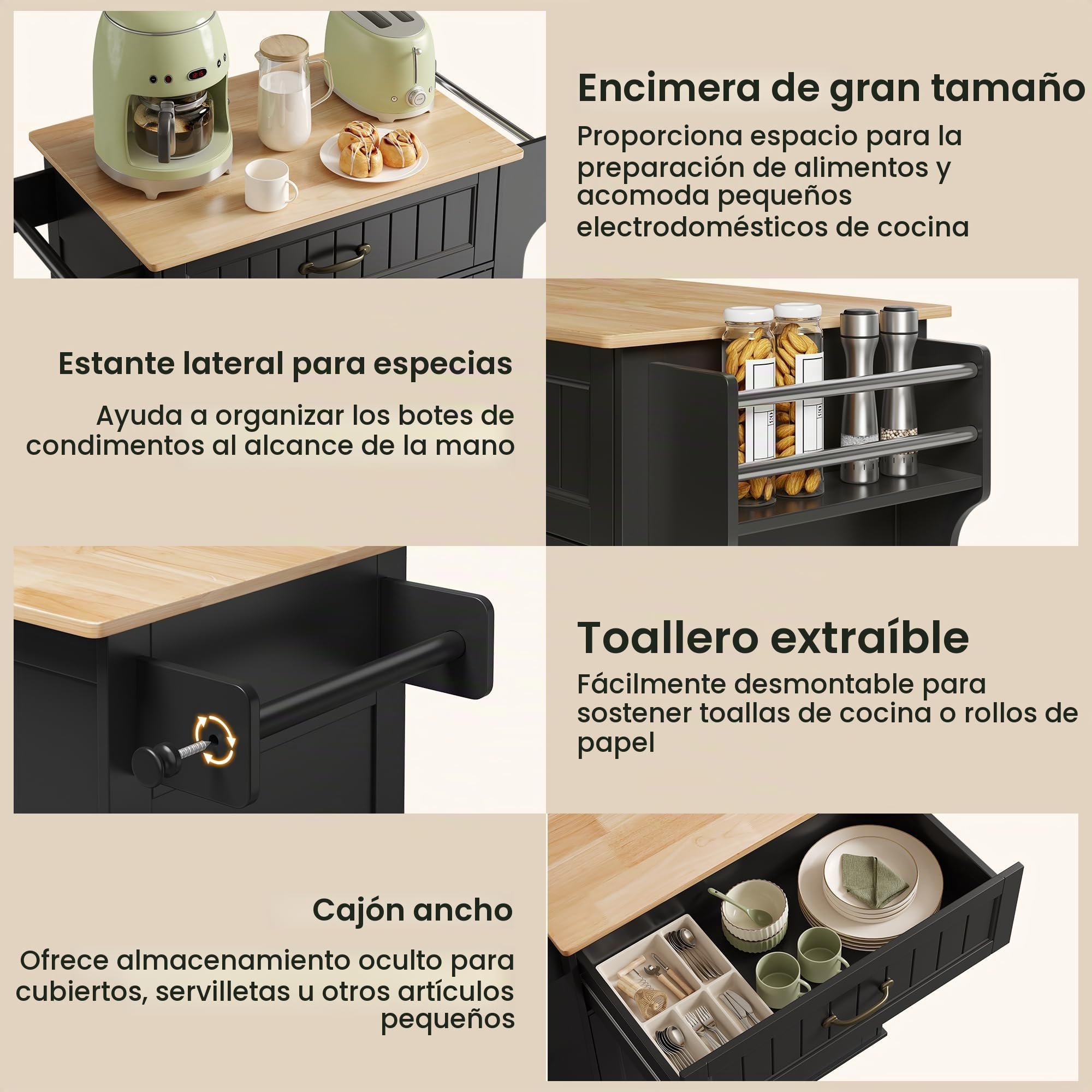 Bealife Isla de Cocina con Ruedas, Carro de Cocina con Cajón, Armario, Estante Lateral para Especias y Toallero, Mueble Auxiliar de Almacenamiento para Comedor (Negro)