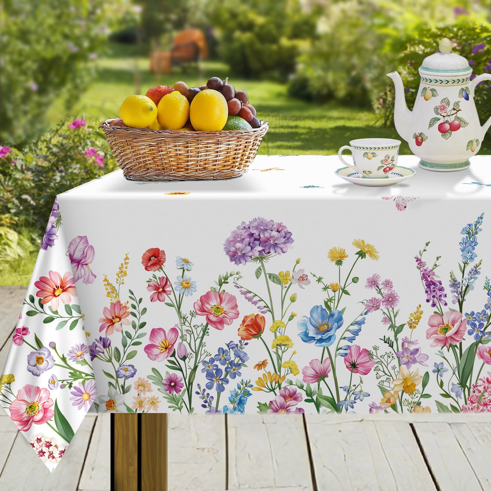 hometrixx Spring Floral Rectangle Table Cloth Flower Butterfly Washable Polyester Oil-proof Tablecloth Stain Wrinkle Resistant Table Cover for Party Kitchen Decor Outdoor Picnic, 152 x 213cm