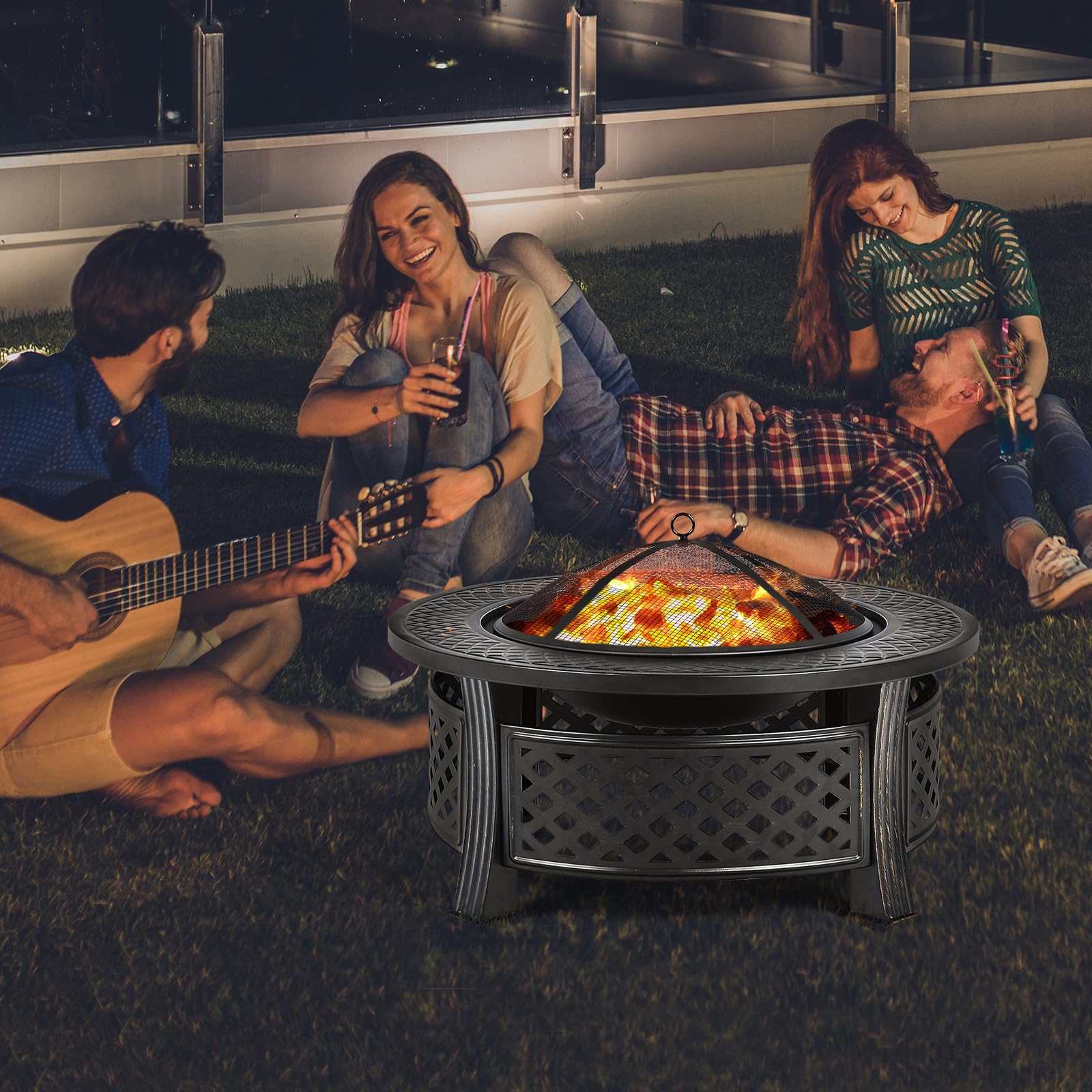 KOMFOTTEU Braciere da esterno con coperchio di sicurezza, Braciere da barbecue 3 in 1 con copertura impermeabile, per giardino, campeggio, picnic, φ81 x 50 cm (H), nero