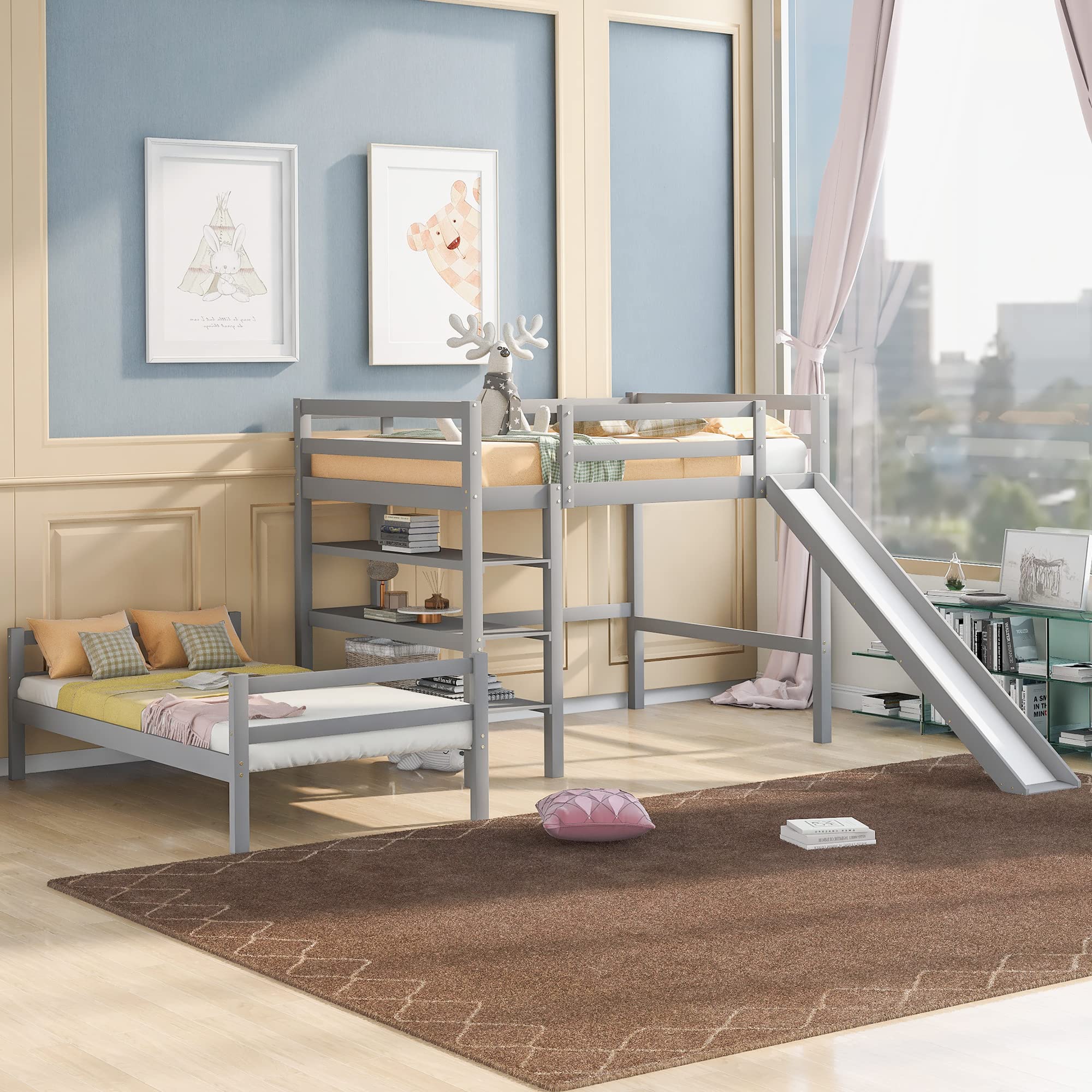 Livspace Full Size Loft Bunk Bed with Slide, Solid Wood Full Size Loft Bed with Shelves Over Twin Separate Platform Bed for Girls Boys, Gray