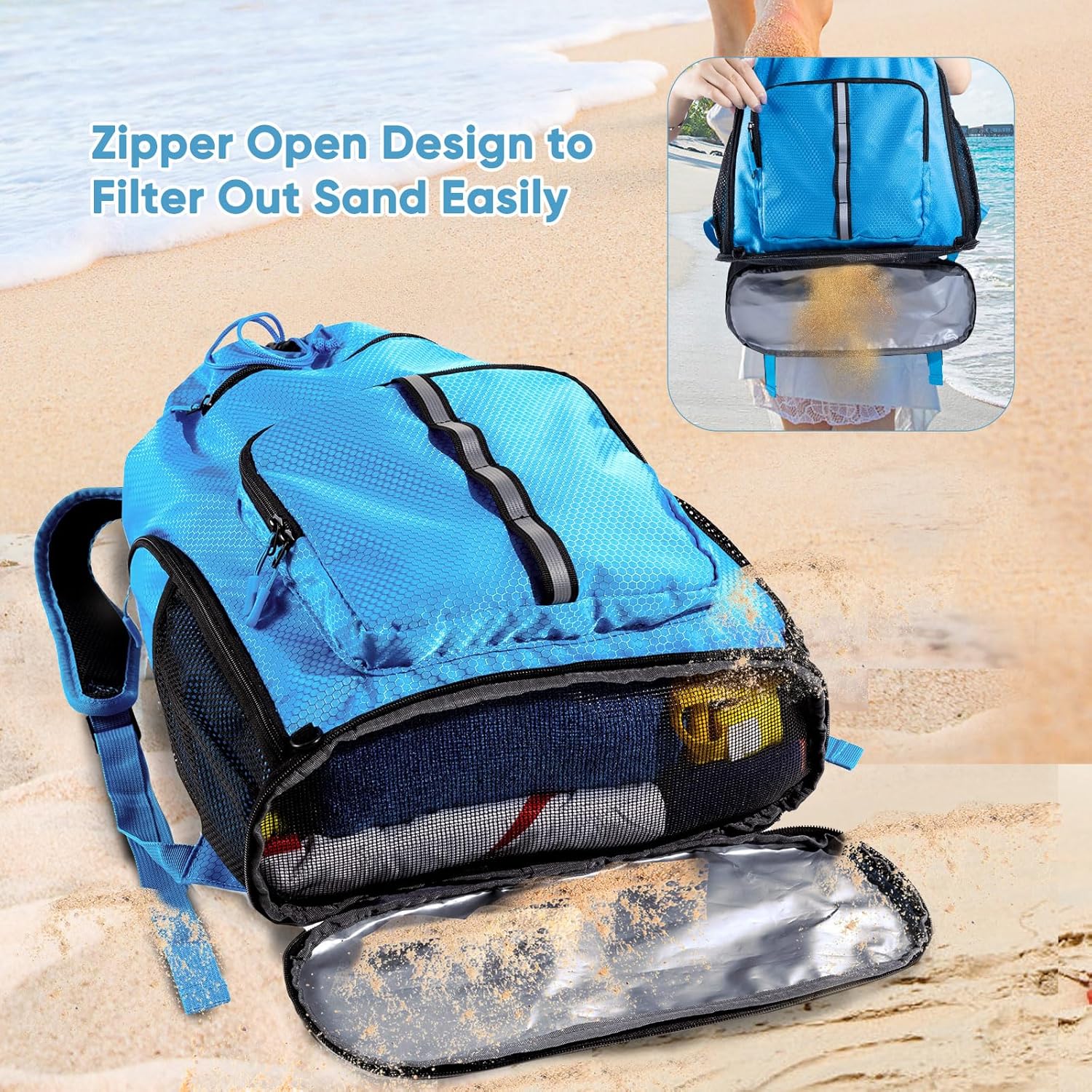 Large Beach Backpack Waterproof Sandproof - Customized Oversized Drawstring Pool Bag with Shoe Compartment for Toiletries, Towels, Gym, Travel