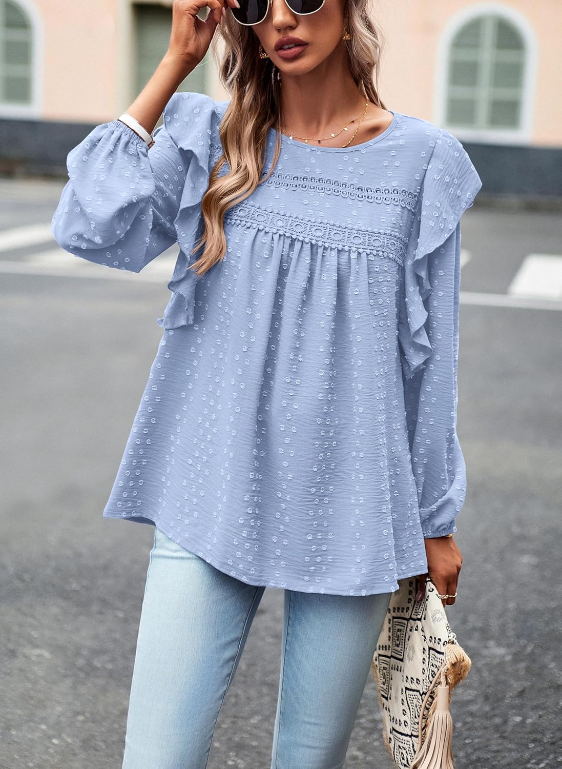 PRETTYGARDEN Women's Long Sleeve Shirts Ruffle Swiss Dot Crochet Loose Fit Tunic Dressy Casual Tops Blouses Spring Fashion - Image 5