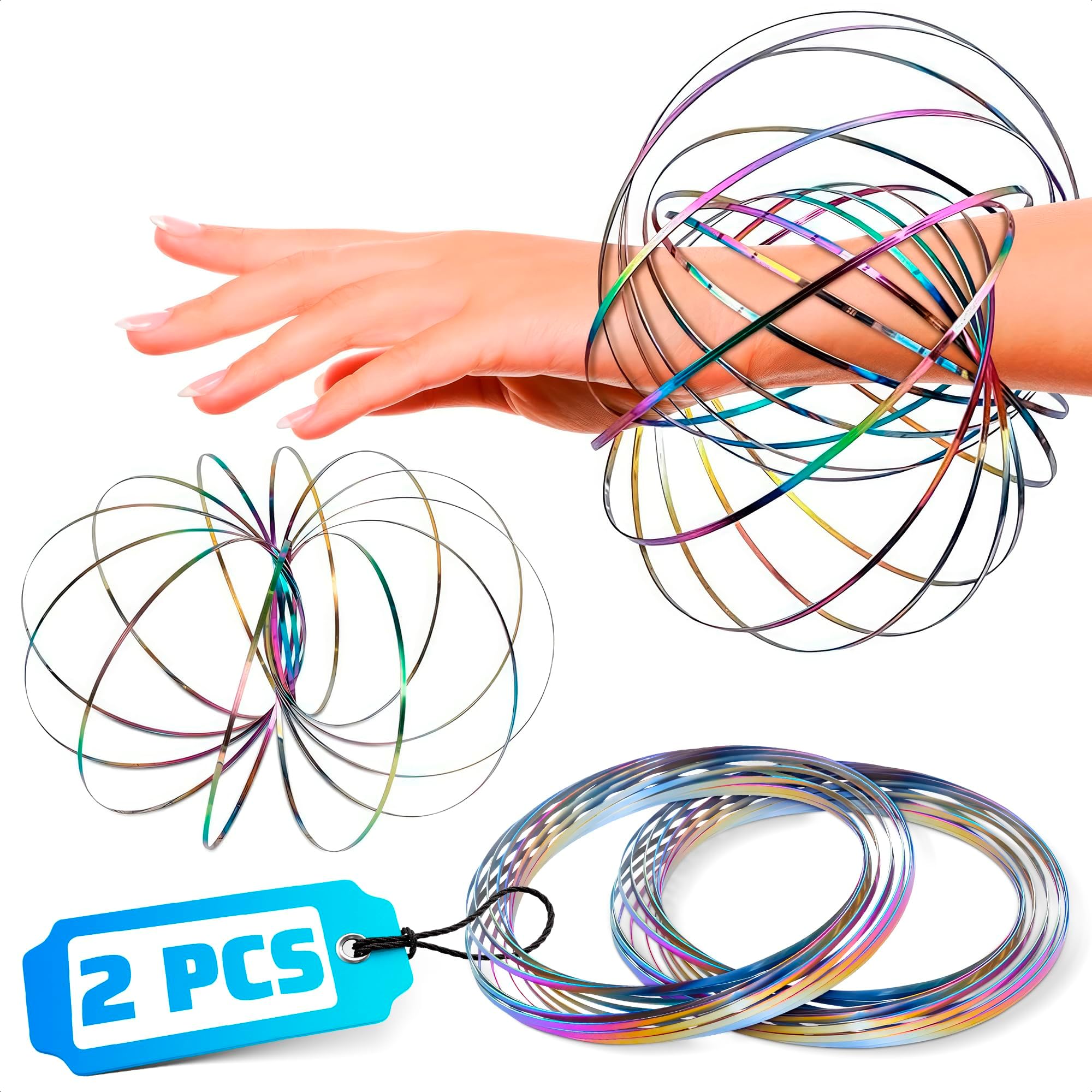 2 Pcs Flow Ring Spinner Ring Arm Toy - 5.1" Color - Changing Fidget Flow Toy with a Pleasant Smooth Surface, Compact & Portable Design - Entertaining Geometric Magic Bracelet with Soothing Effect